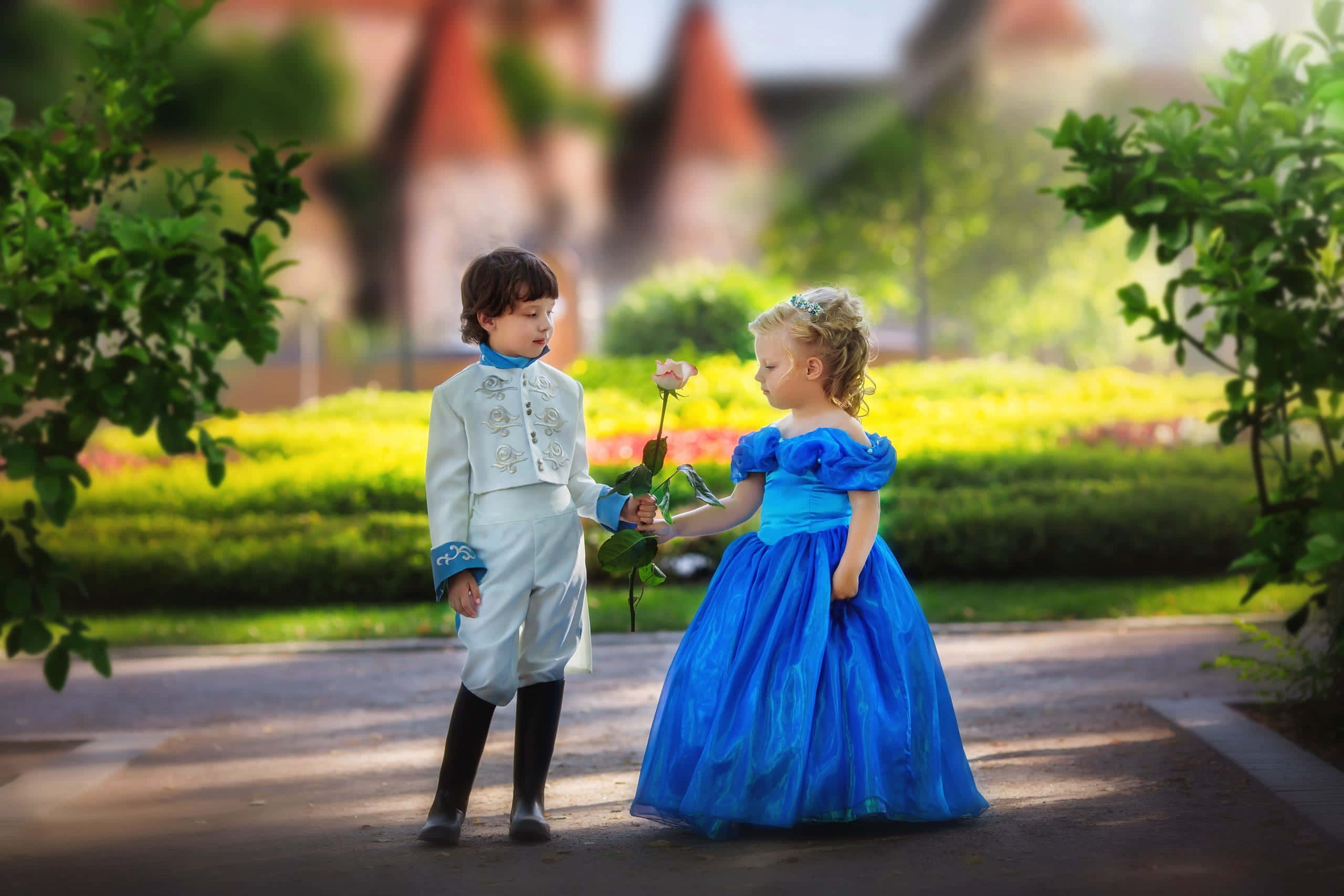 white prince costume, blue princess dress, sunlit garden, 2K Desktop Wallpaper
