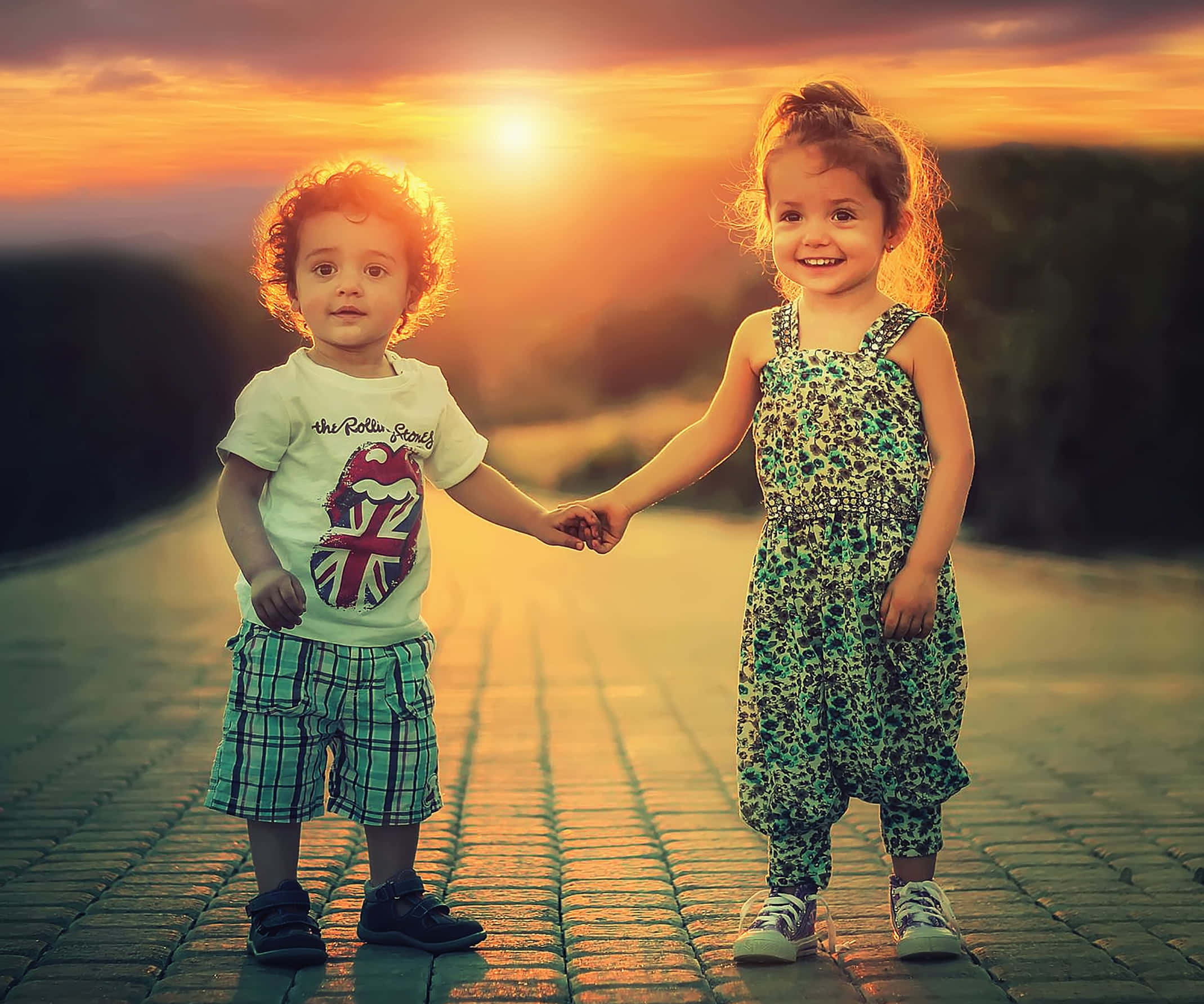 cute toddlers, golden sunset, sunlit cobblestone path, Full HD Desktop Wallpaper