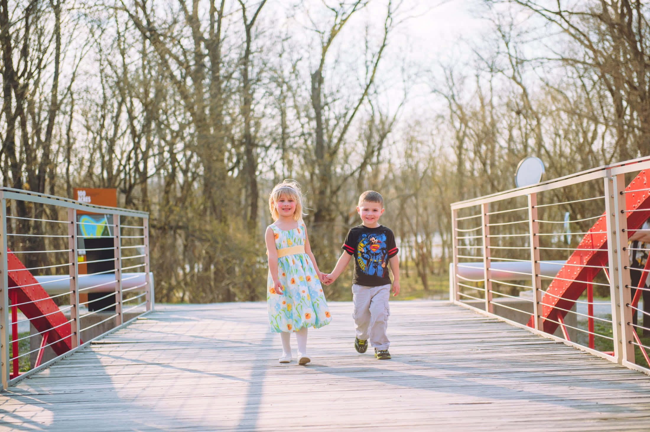 cute toddlers, modern wooden bridge, bare trees, Full HD Desktop Wallpaper