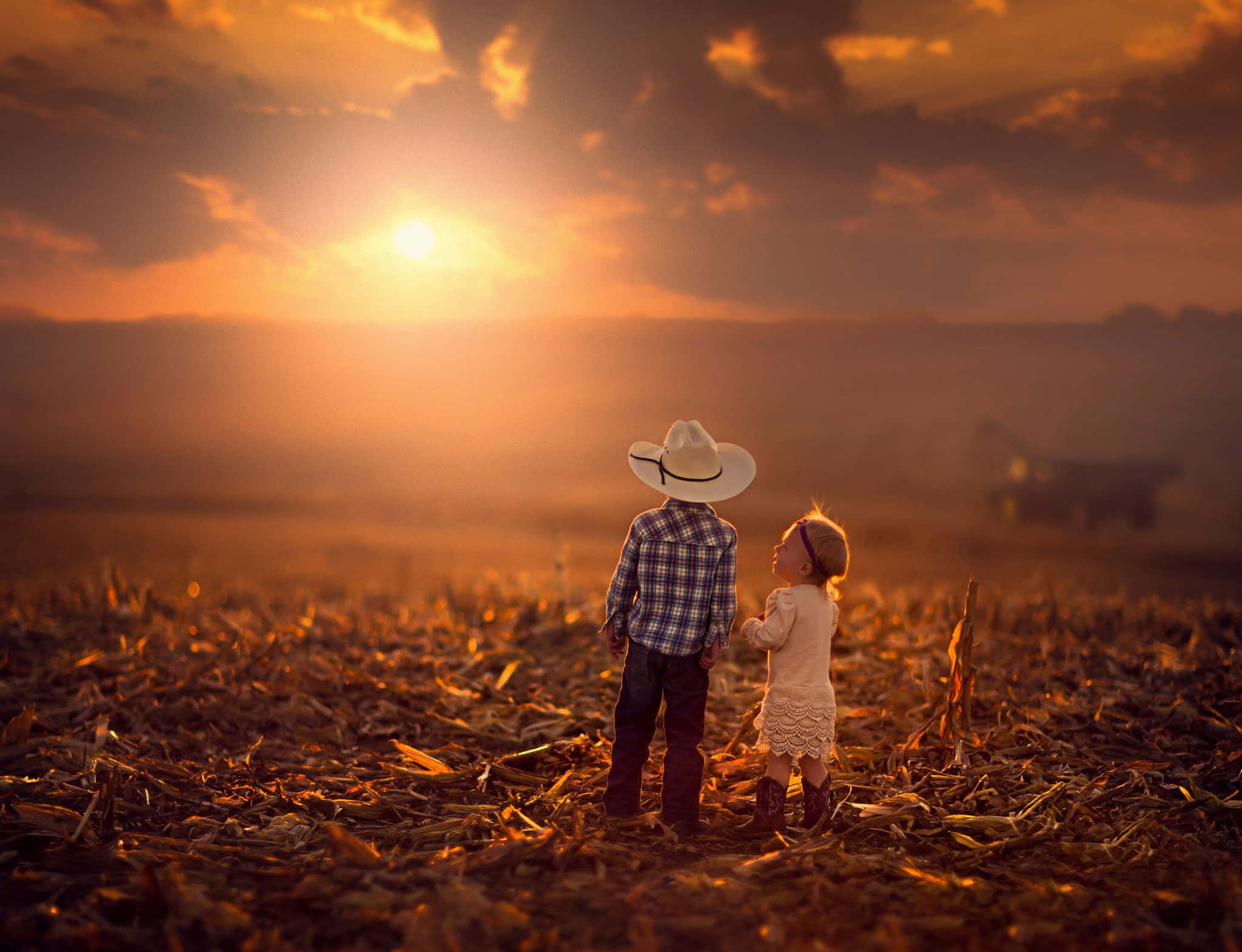 toddler, harvested field, sunset, Full HD Desktop Wallpaper