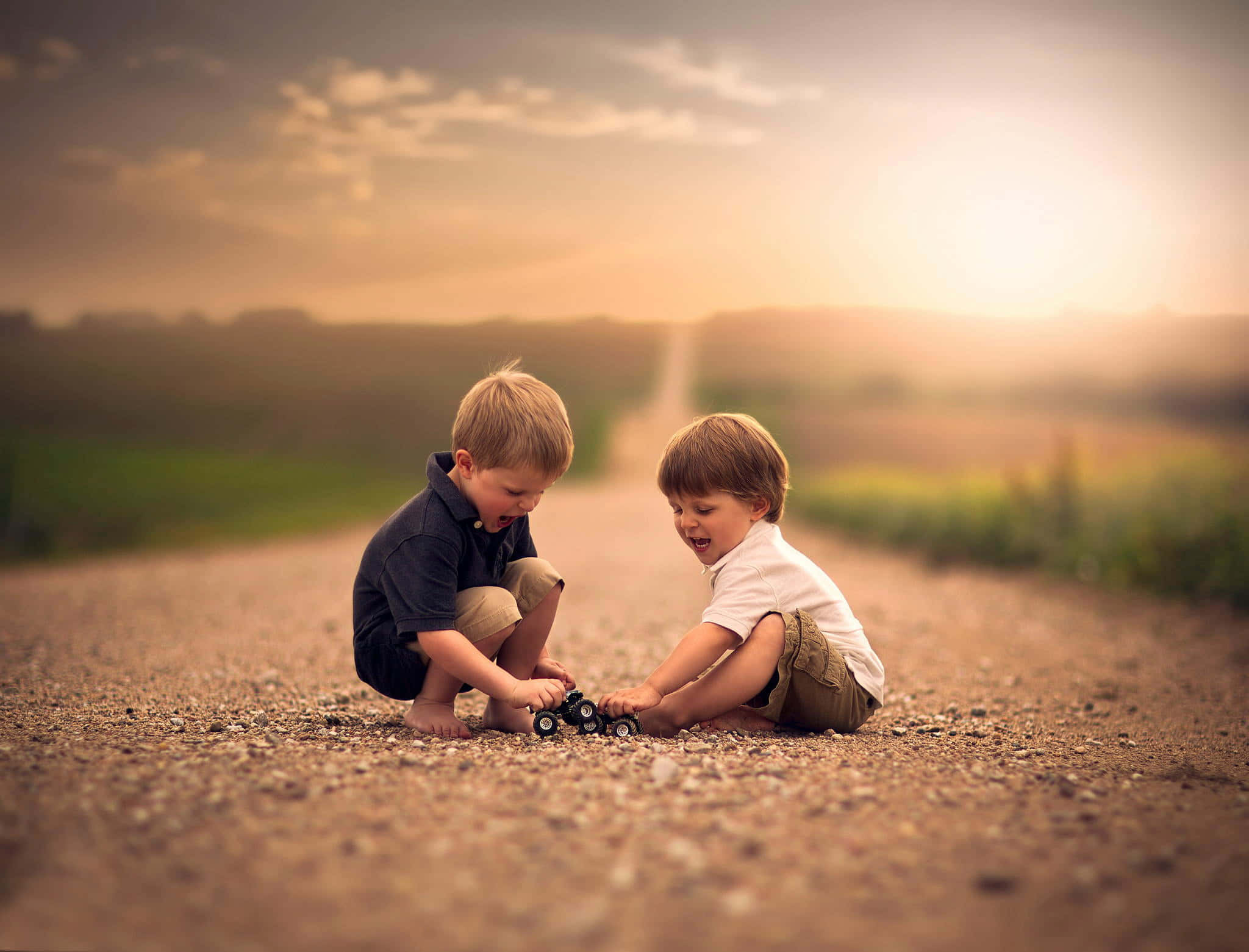 two young boys, gravel road, toy cars, Full HD Desktop Wallpaper
