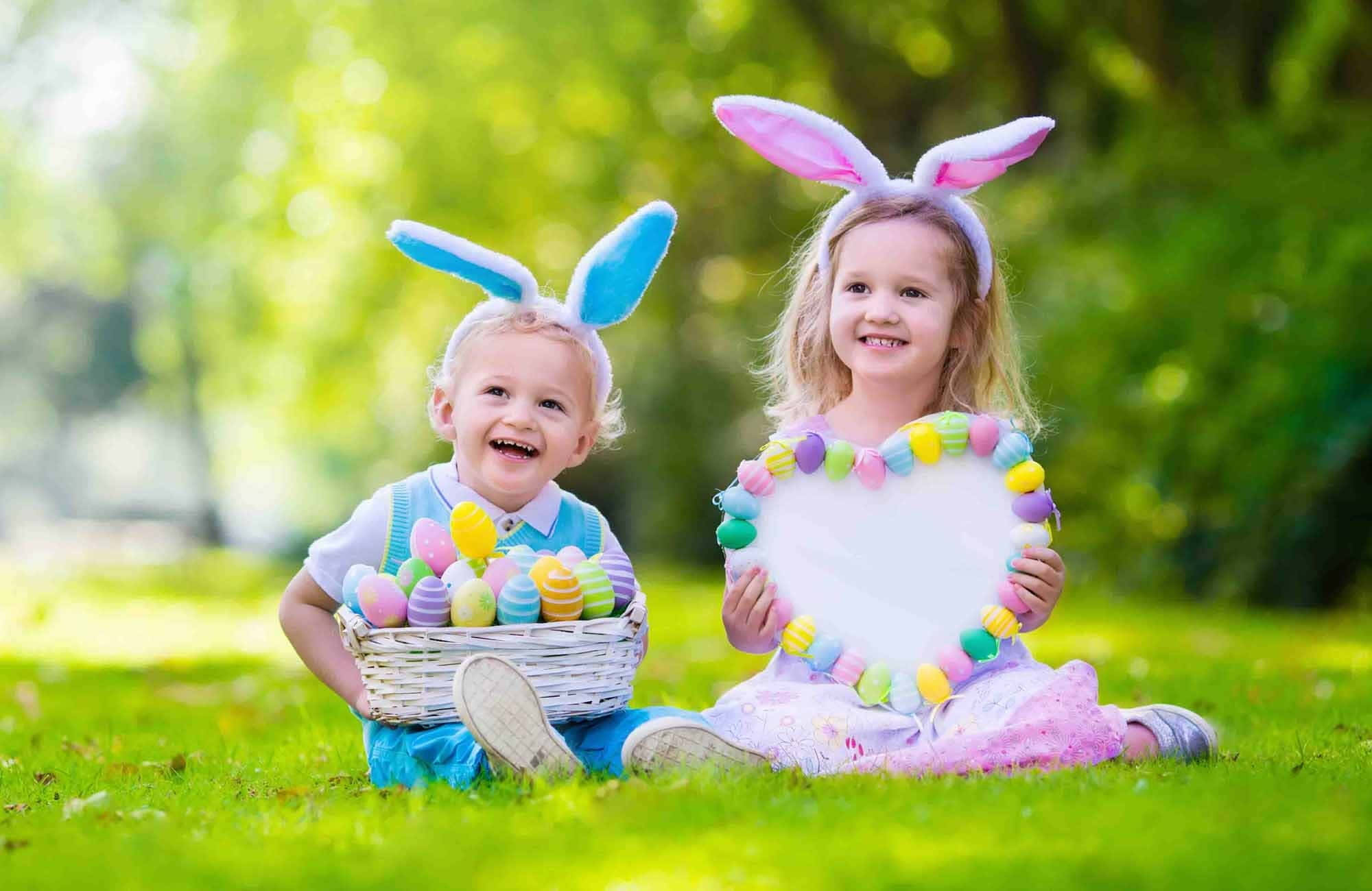 bunny ears, grass, Easter eggs, Full HD Desktop Wallpaper