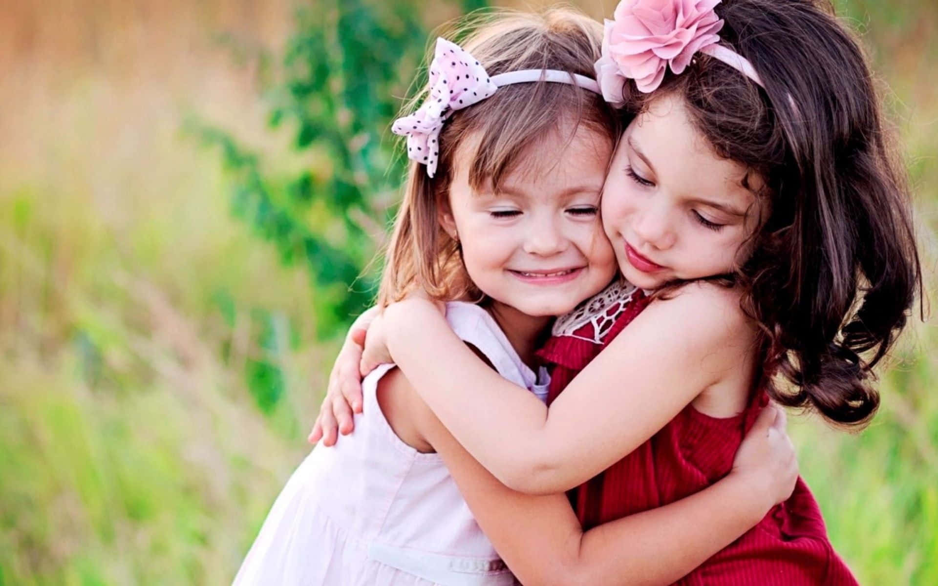 toddler siblings, sunlit field, soft green grass, Full HD Desktop Wallpaper