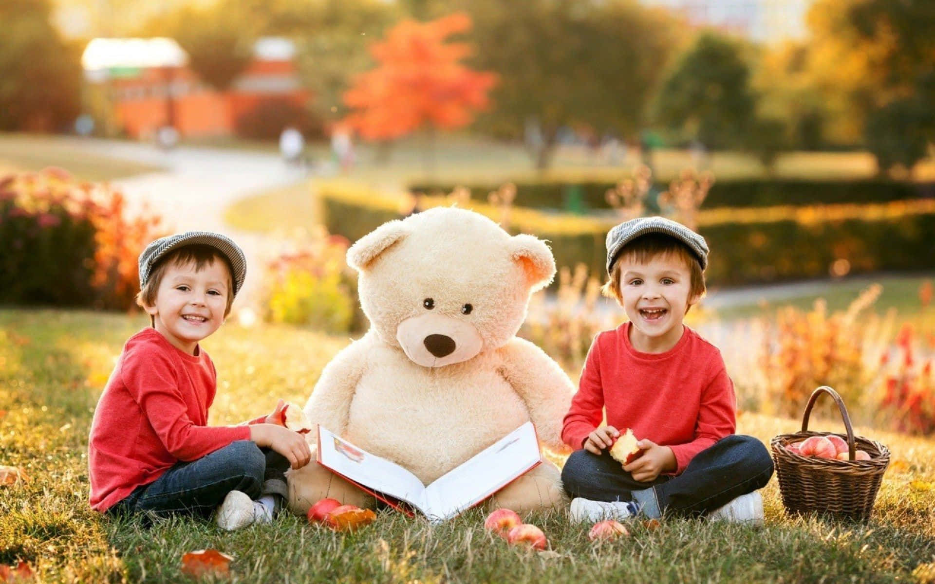 red shirts, grass, giant teddy bear, Full HD Desktop Wallpaper