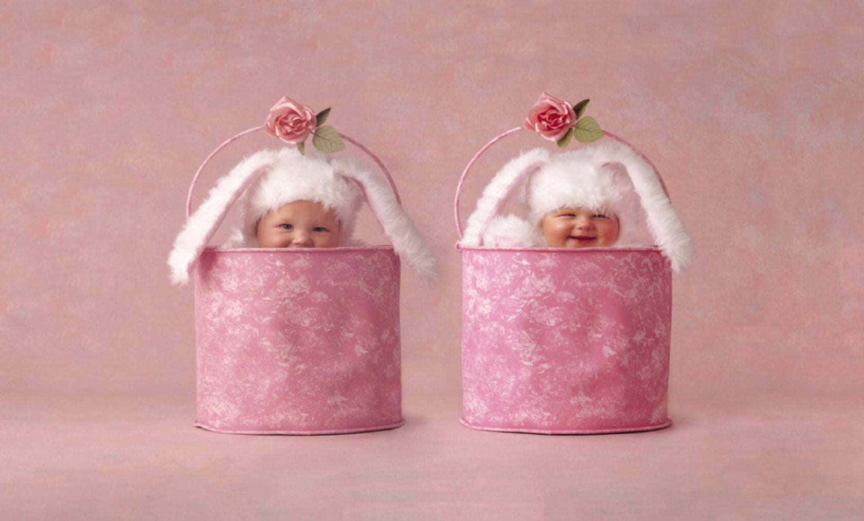pink bunny hats, floral-patterned buckets, soft pink backdrop, HD Desktop Wallpaper