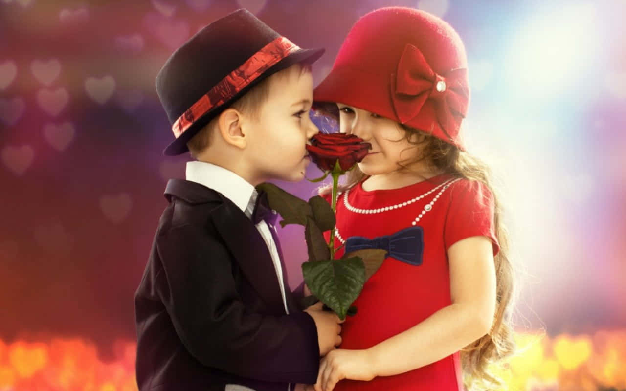 young boy in a suit, girl in a red dress and hat, red rose, HD Desktop Wallpaper