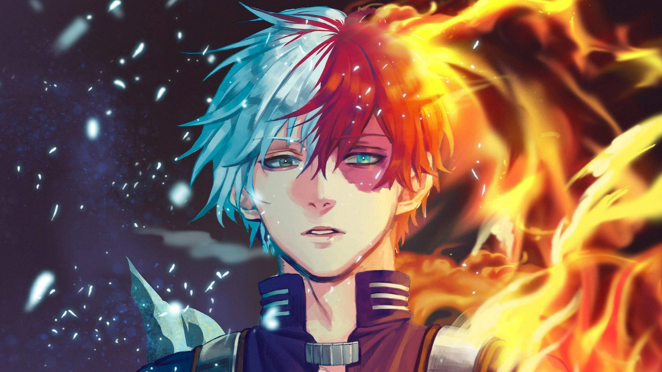 Cute Todoroki, half-blue half-red hair, roaring flames, 2K Desktop Wallpaper