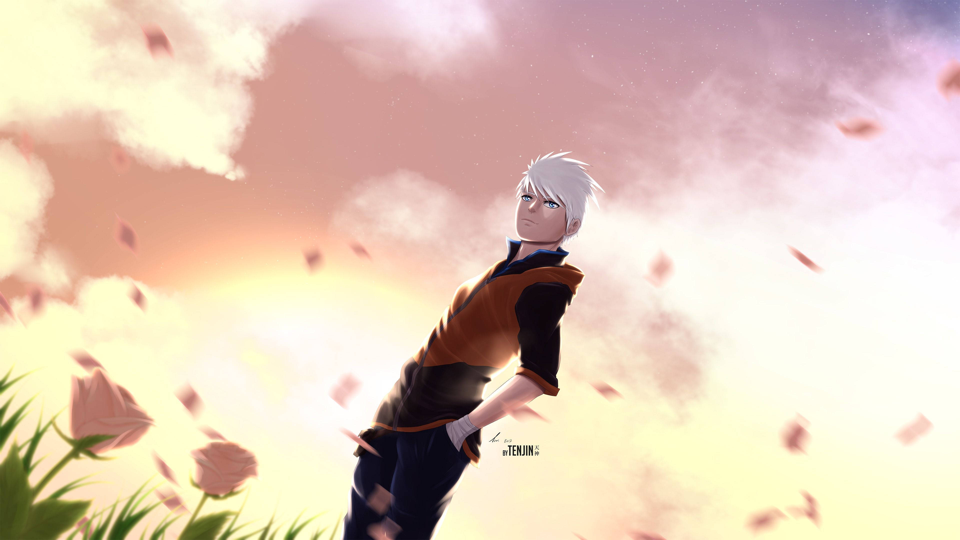 Todoroki, white-haired anime boy, orange vest, 4K Desktop Wallpaper