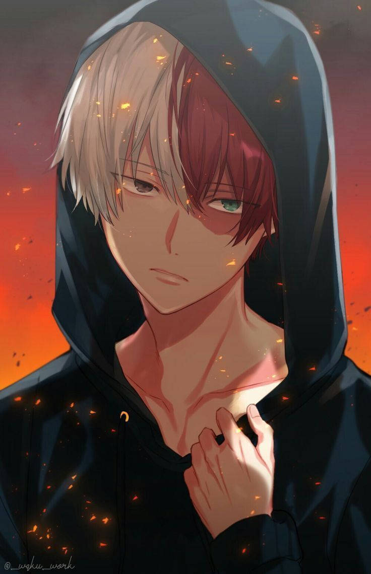 Todoroki, cute hoodie art, half-white half-red hair, SD Phone Wallpaper