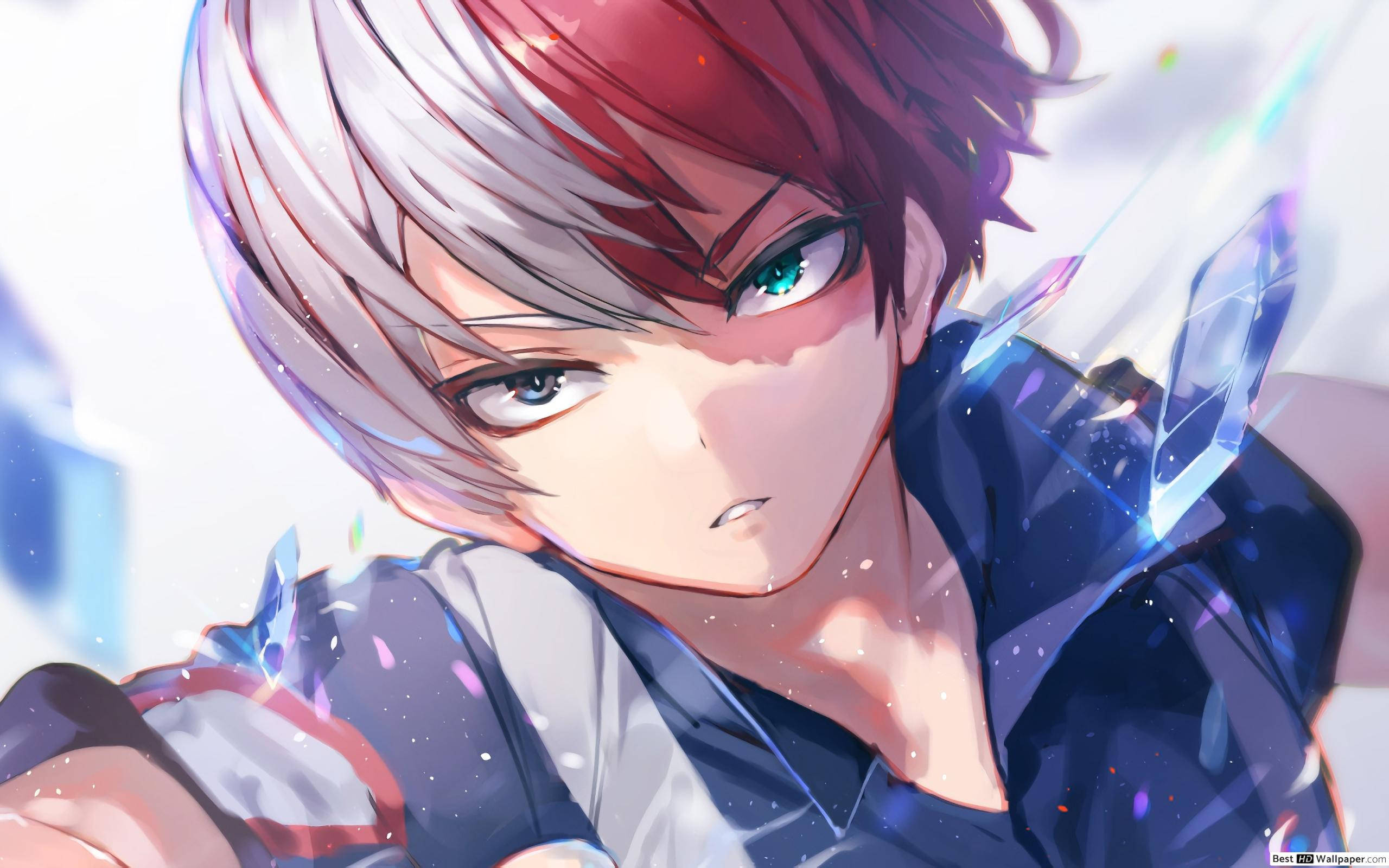 Todoroki, silver and red hair, glowing green eyes, 2K Desktop Wallpaper