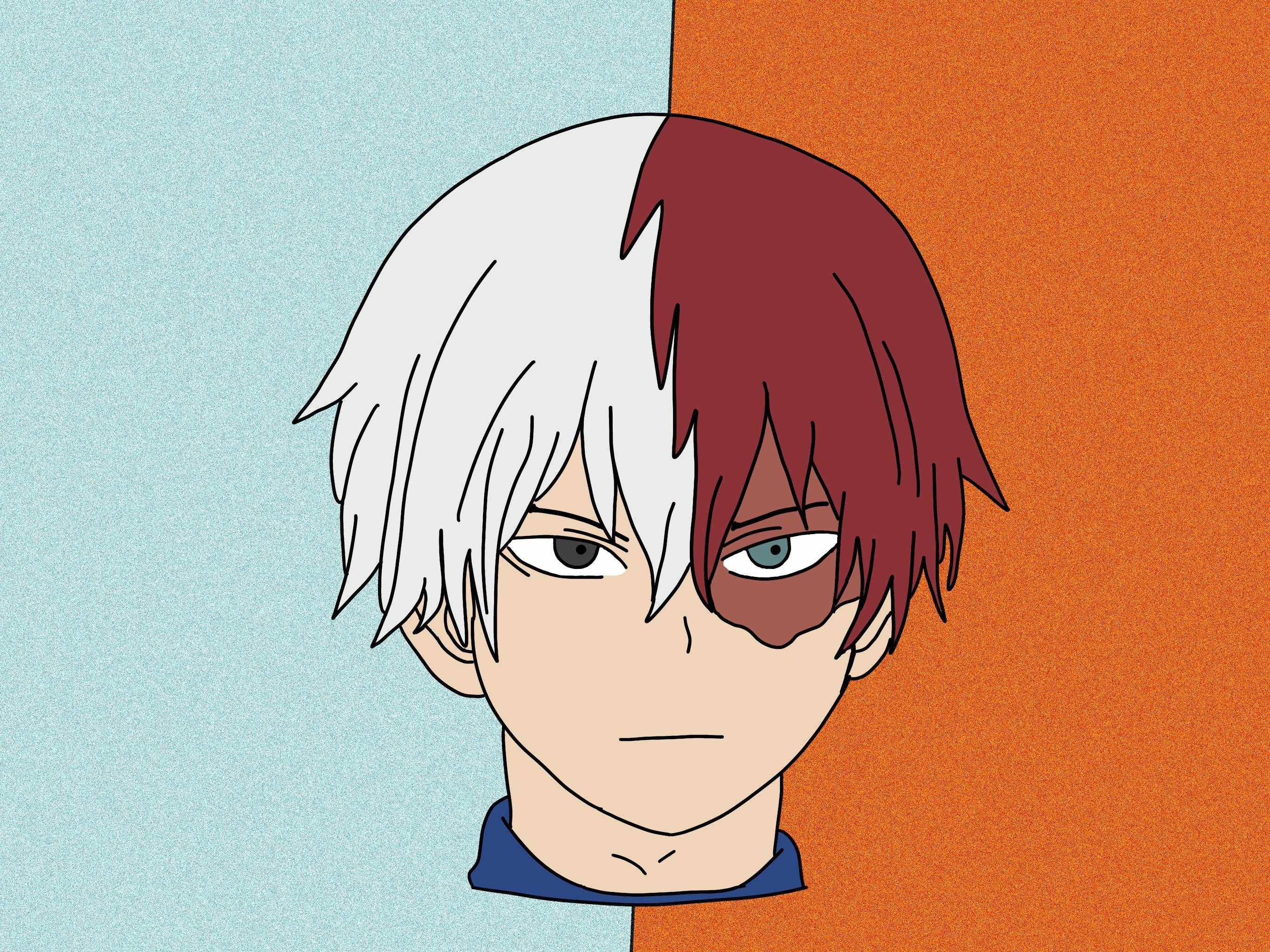 Todoroki, half white and half red hair, split blue and orange background, 2K Desktop Wallpaper