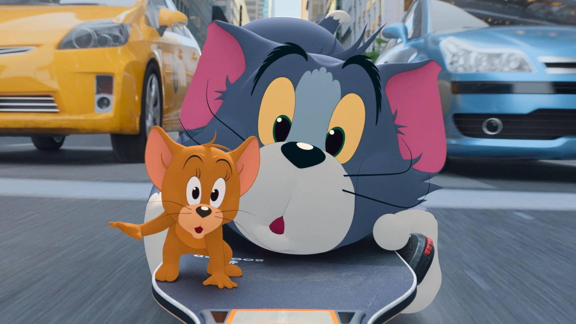 Tom and Jerry, skateboard, busy city street, Full HD Desktop Wallpaper