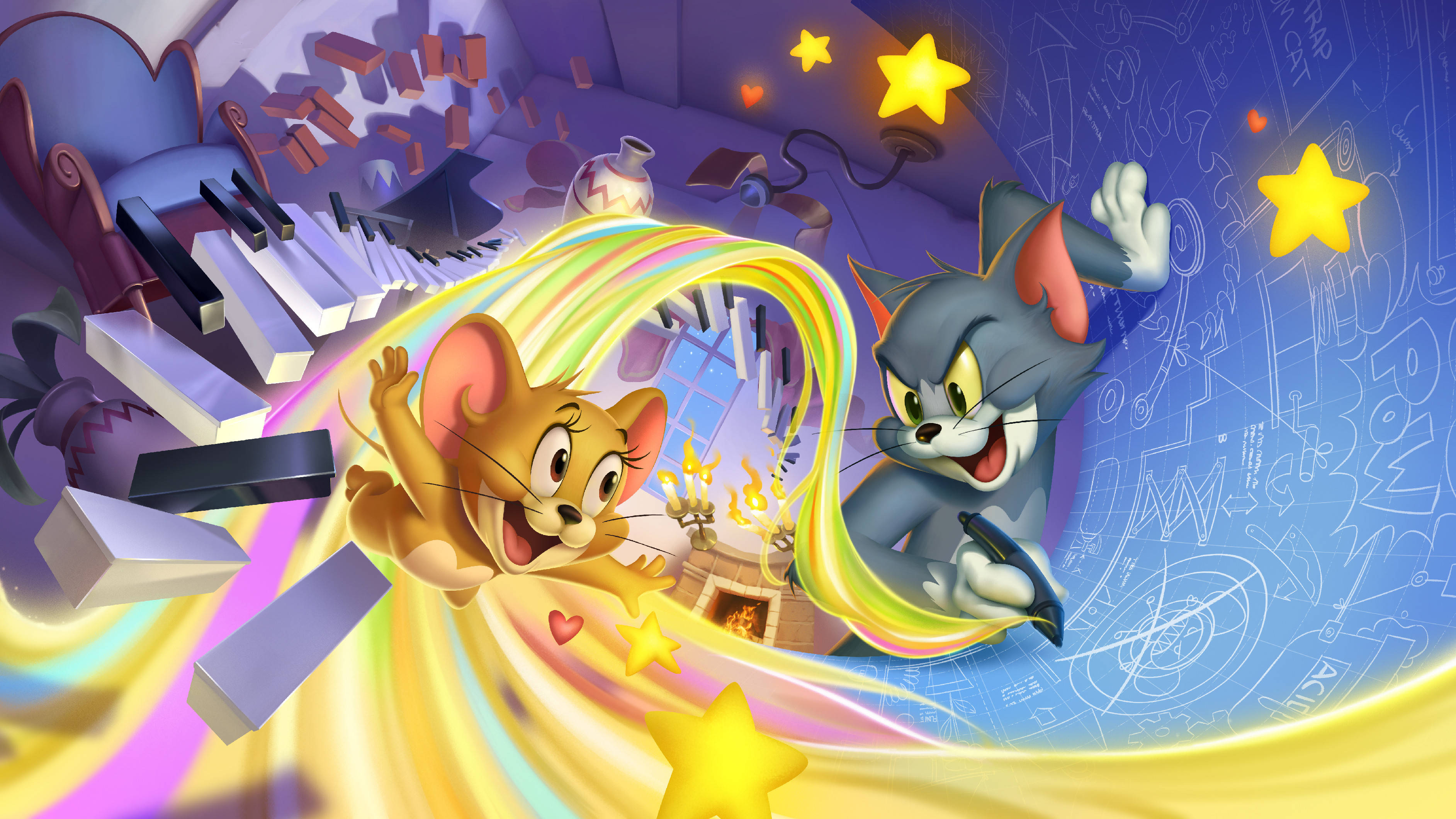 Tom and Jerry, swirling rainbow vortex, floating furniture, 2K Desktop Wallpaper