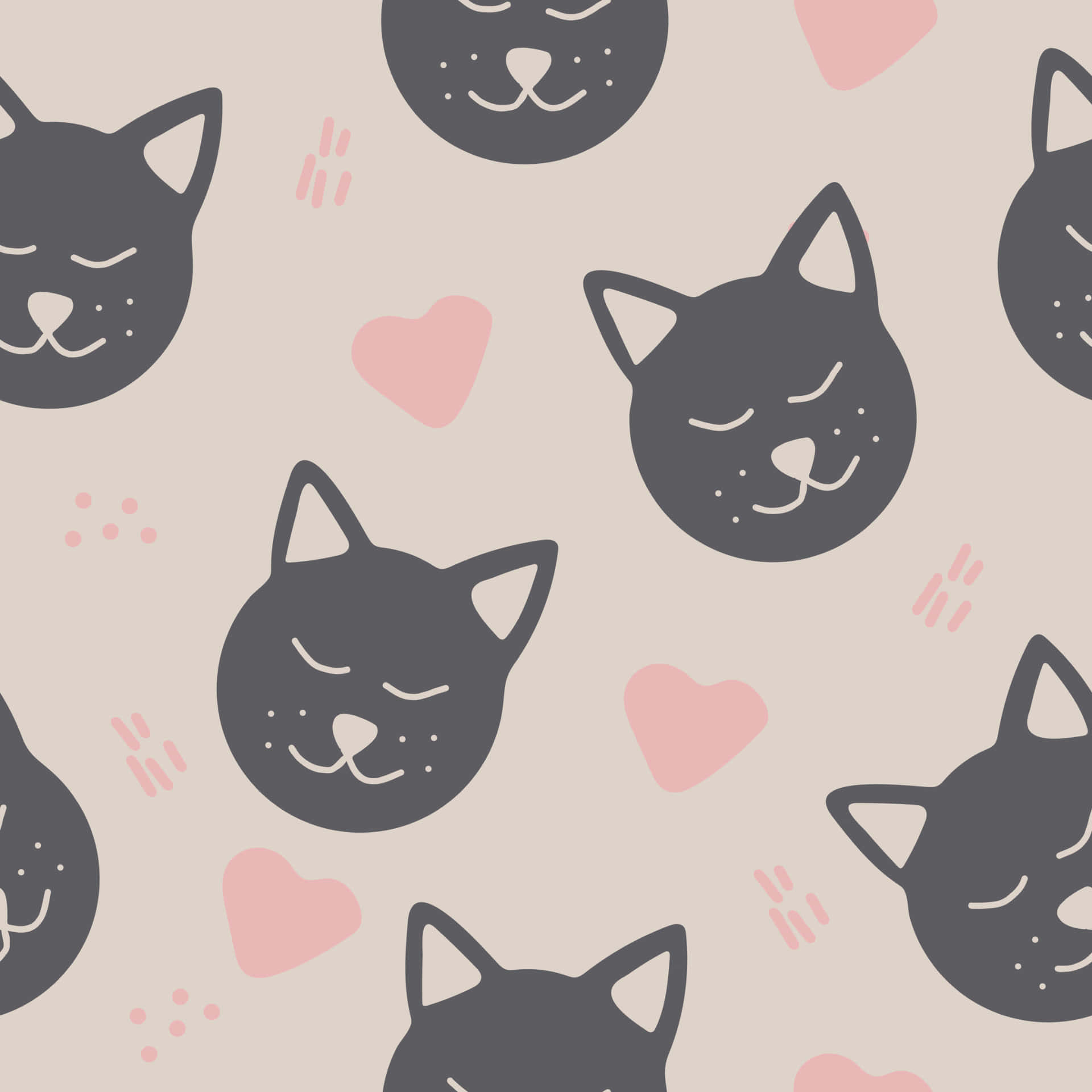 gray cat faces, closed eyes, pink hearts, Full HD Desktop Wallpaper