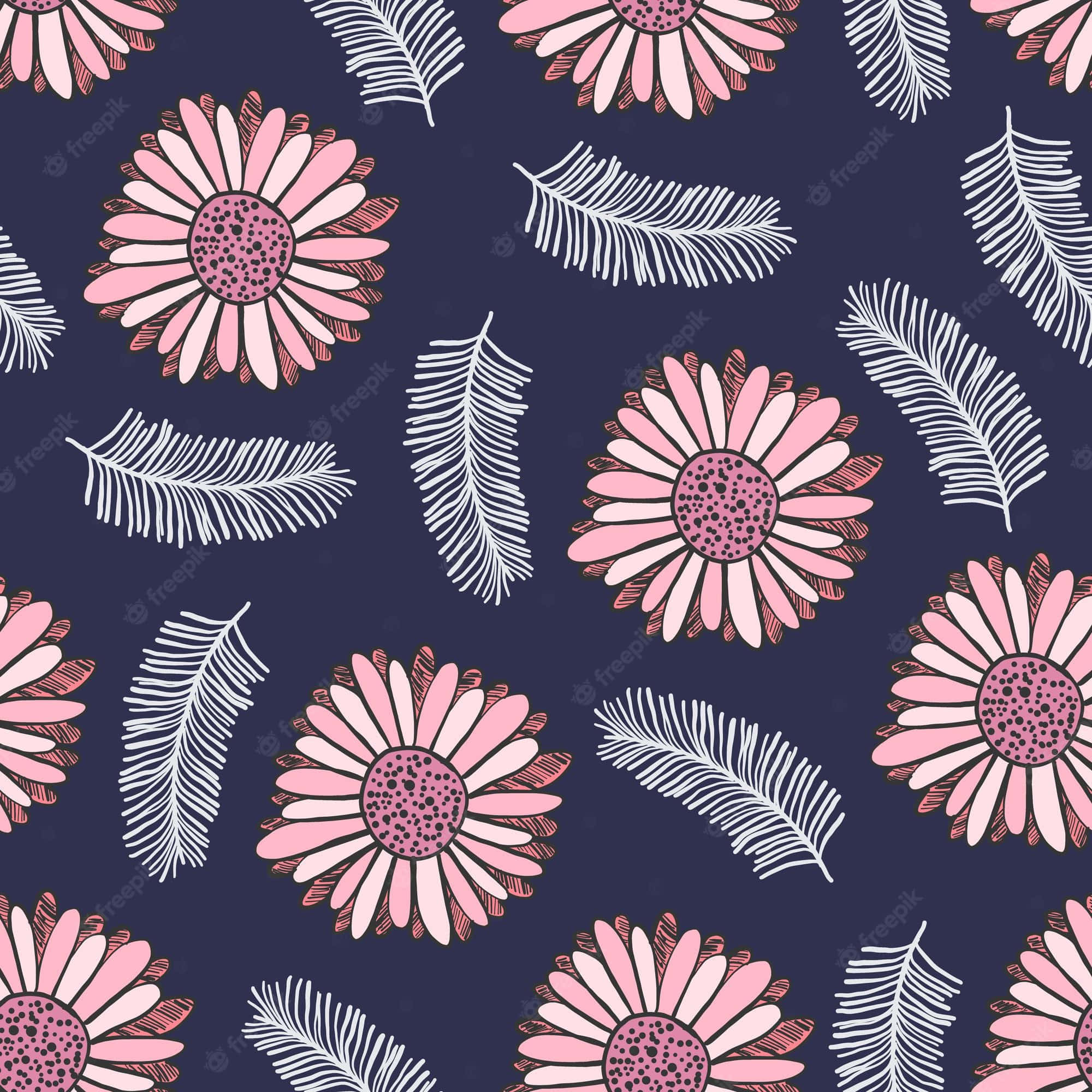 pink daisies, white feathers, hand-drawn pattern, Full HD Desktop Wallpaper