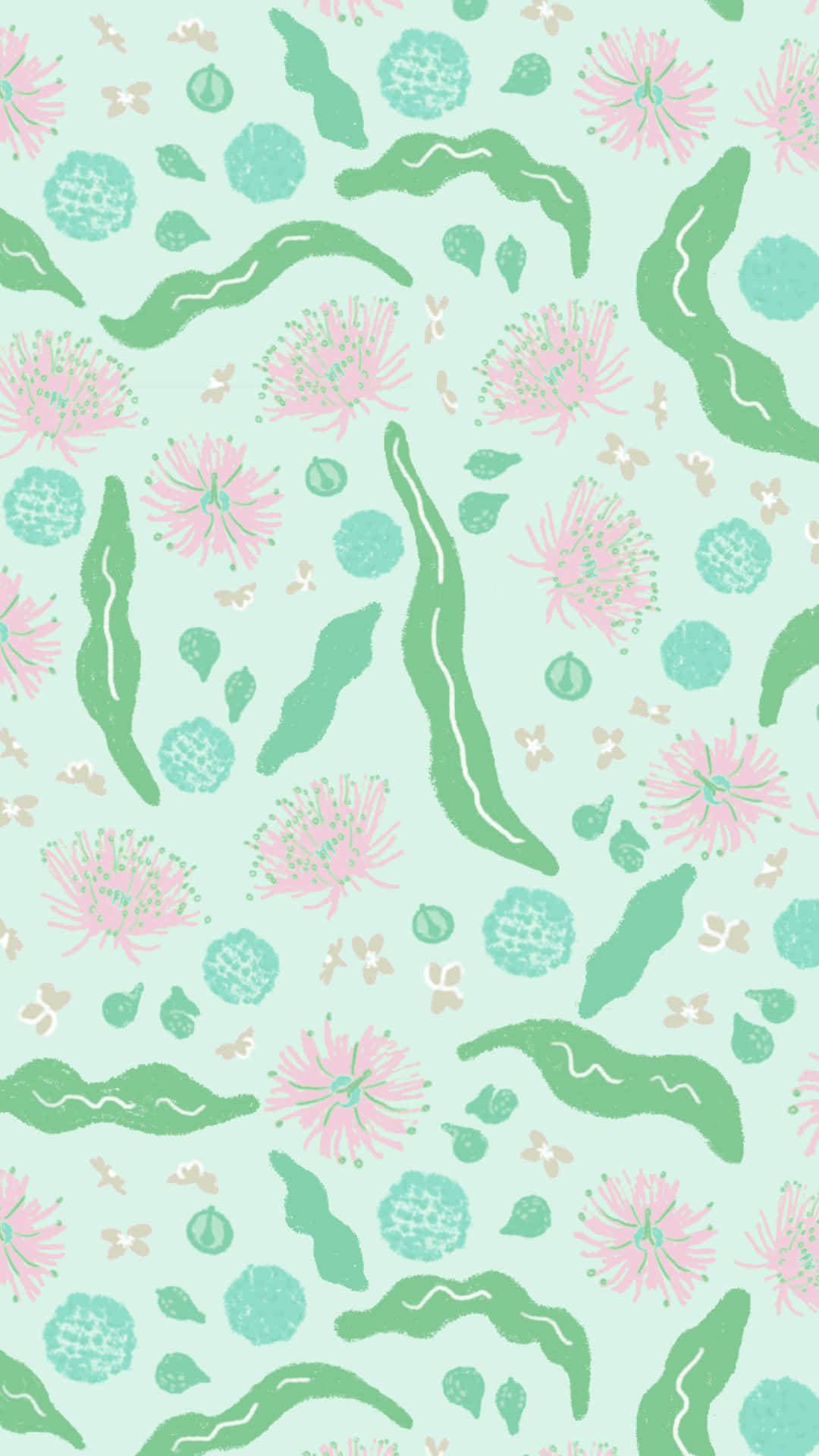 mint, pink flowers, green leaves, Full HD Phone Wallpaper