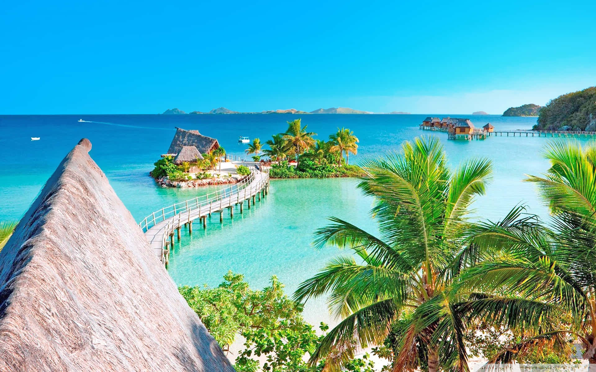 Cute Tropical, turquoise lagoon, overwater bungalows, Full HD Desktop Wallpaper