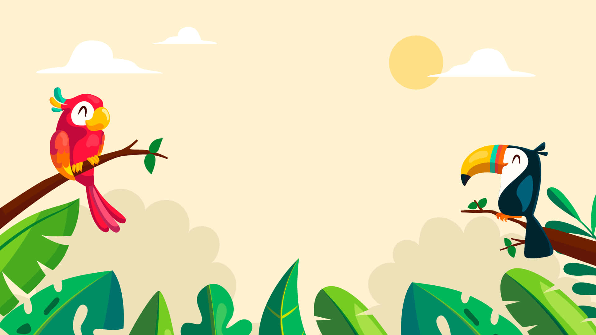 cartoon parrot, toucan, lush green leaves, Full HD Desktop Wallpaper