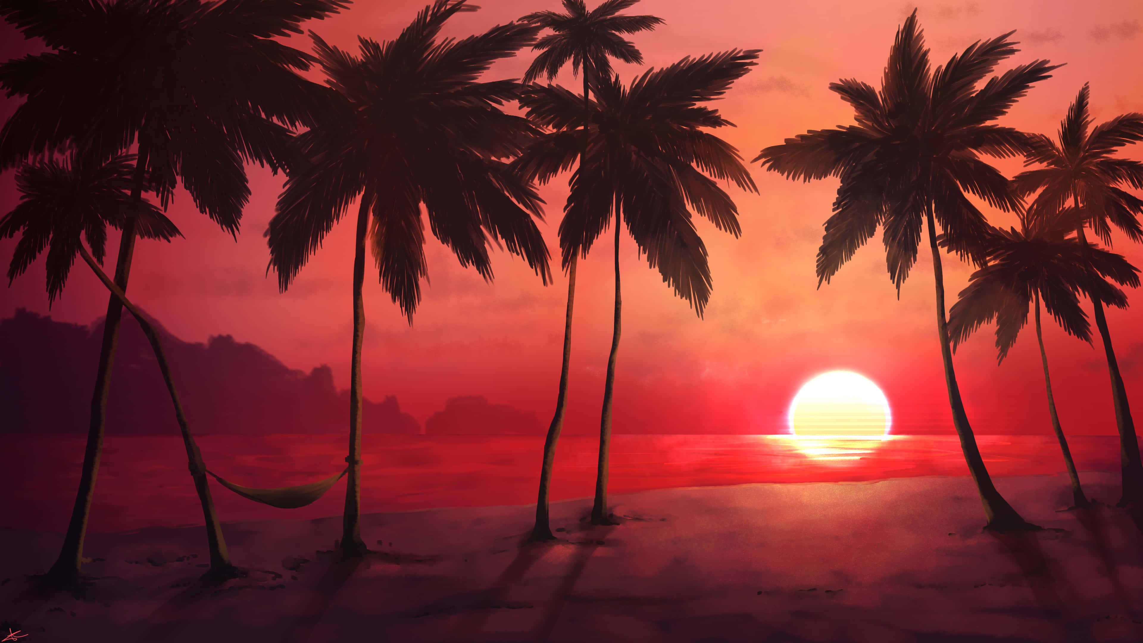 tropical beach, palm trees, vibrant red sunset, 4K Desktop Wallpaper