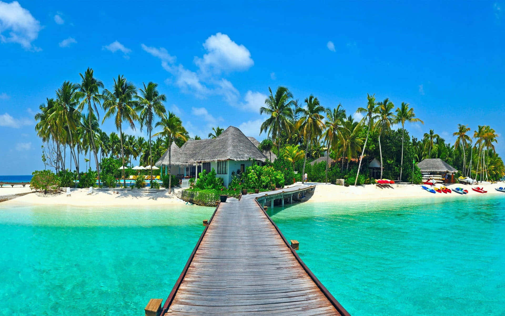 wooden walkway, tropical island, palm trees, Full HD Desktop Wallpaper