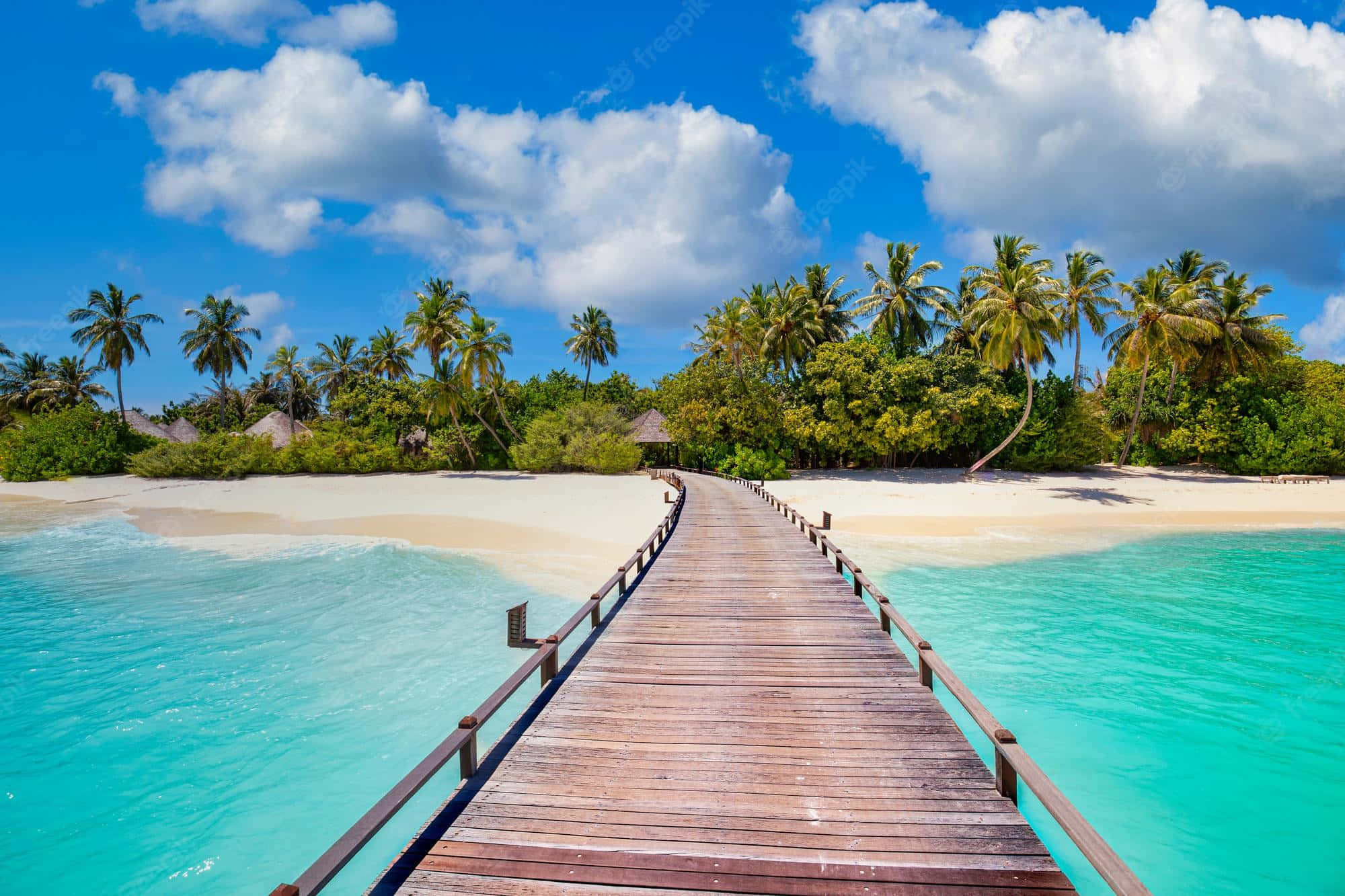 tropical island, turquoise waters, palm trees, Full HD Desktop Wallpaper