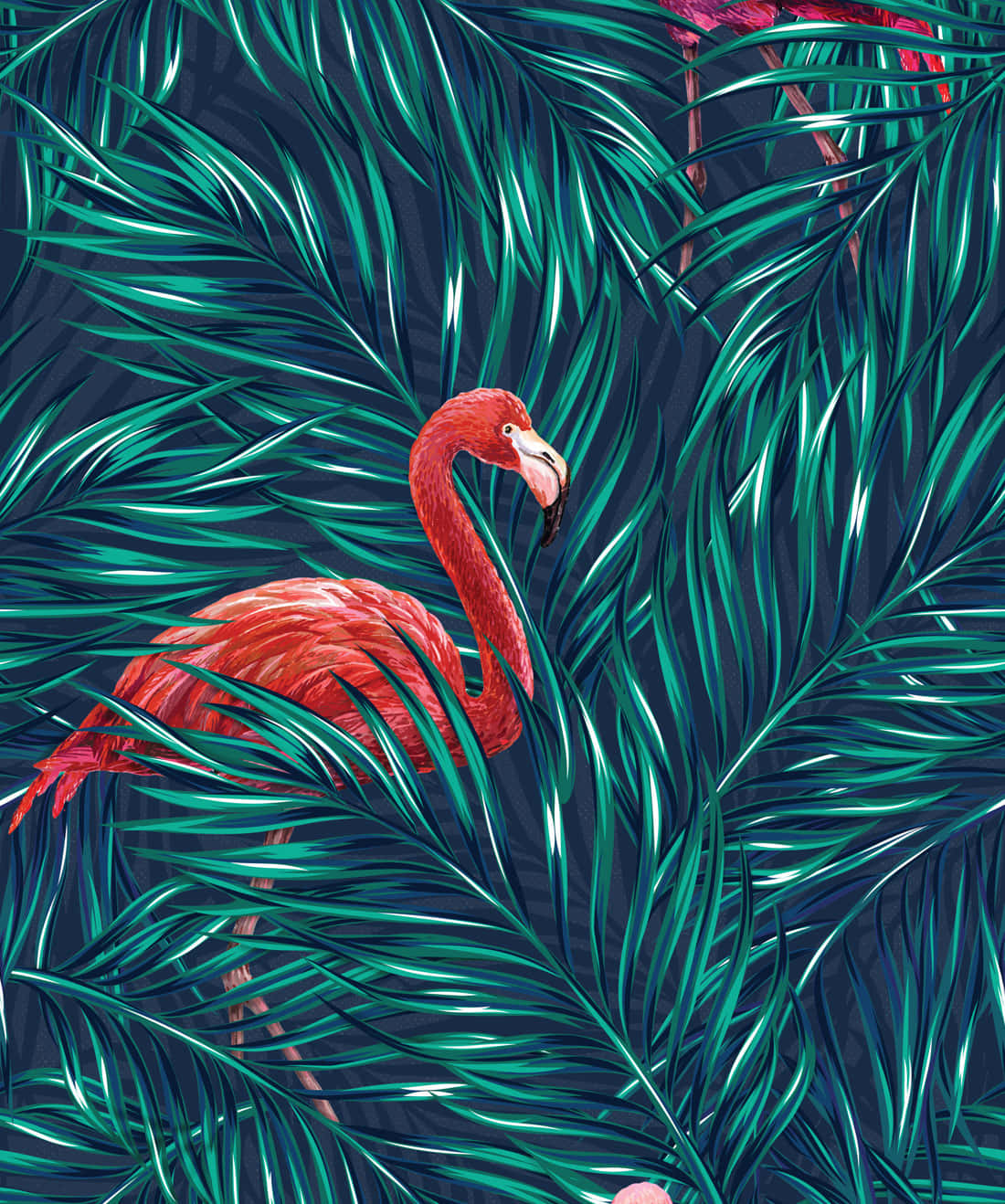 pink flamingo, teal palm fronds, dark navy background, HD Phone Wallpaper