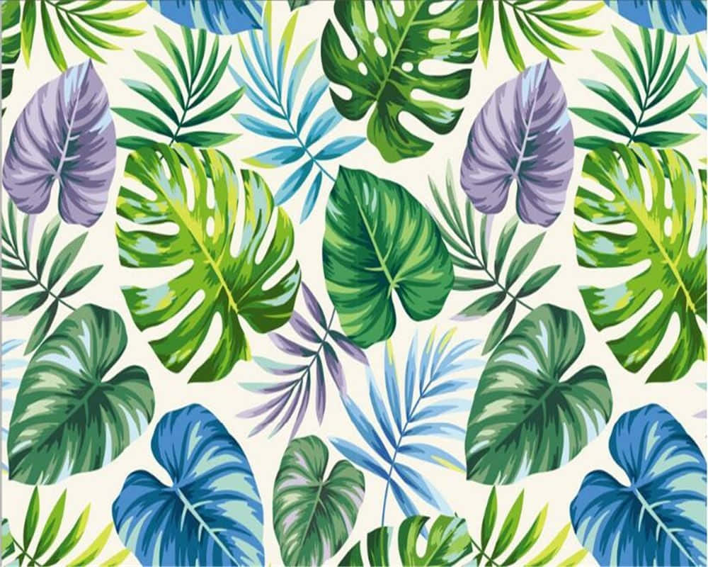 tropical aesthetic, vibrant tropical leaves, green blue and purple hues, SD Desktop Wallpaper