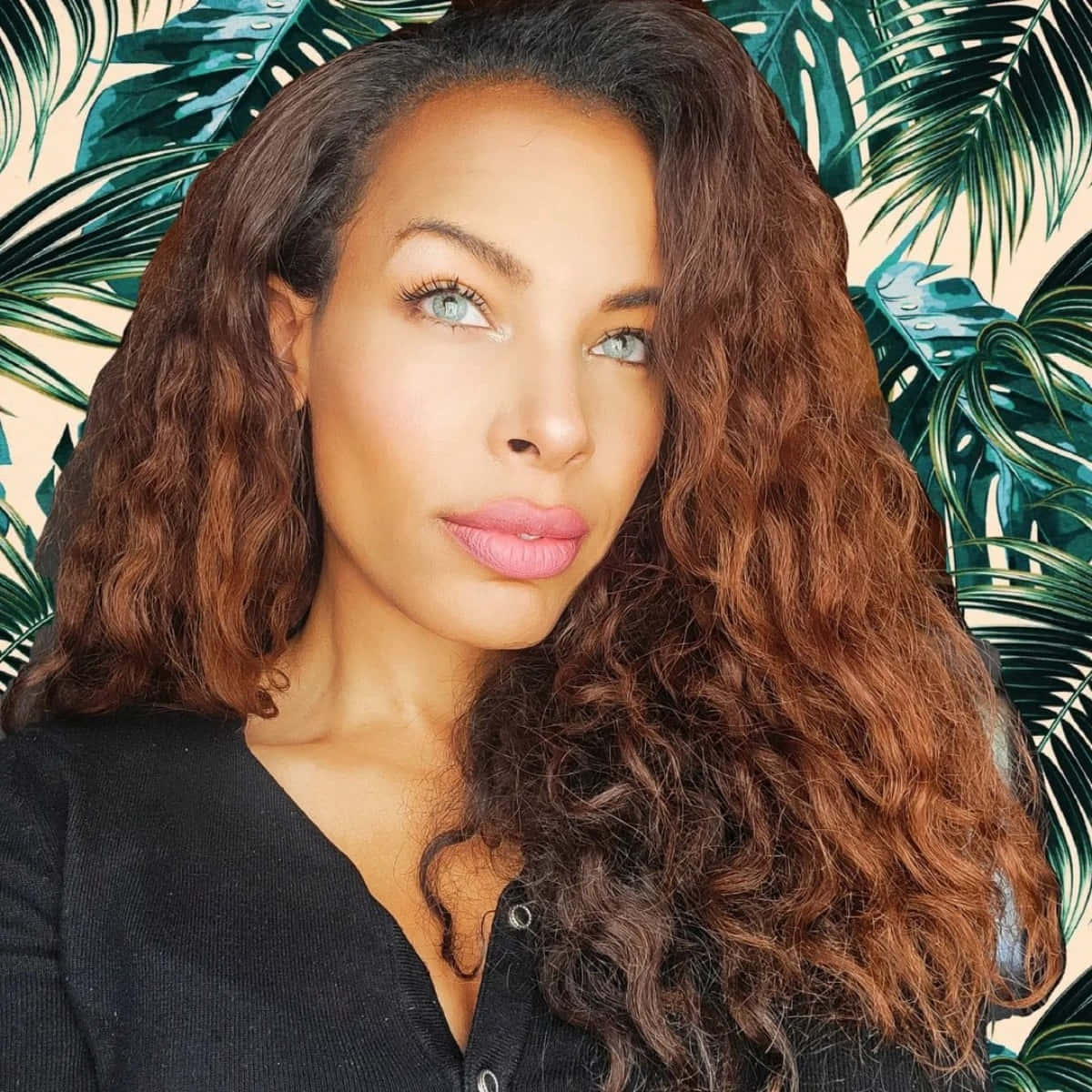 tropical leaf patterned backdrop, voluminous brown curls, striking blue eyes, SD Desktop Wallpaper