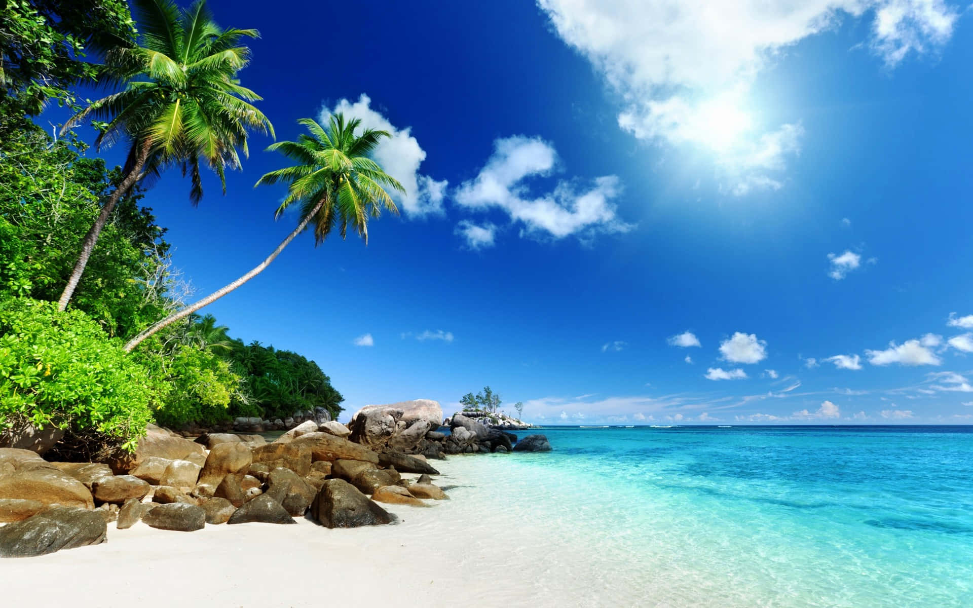 tropical island, white sand, turquoise water, Full HD Desktop Wallpaper