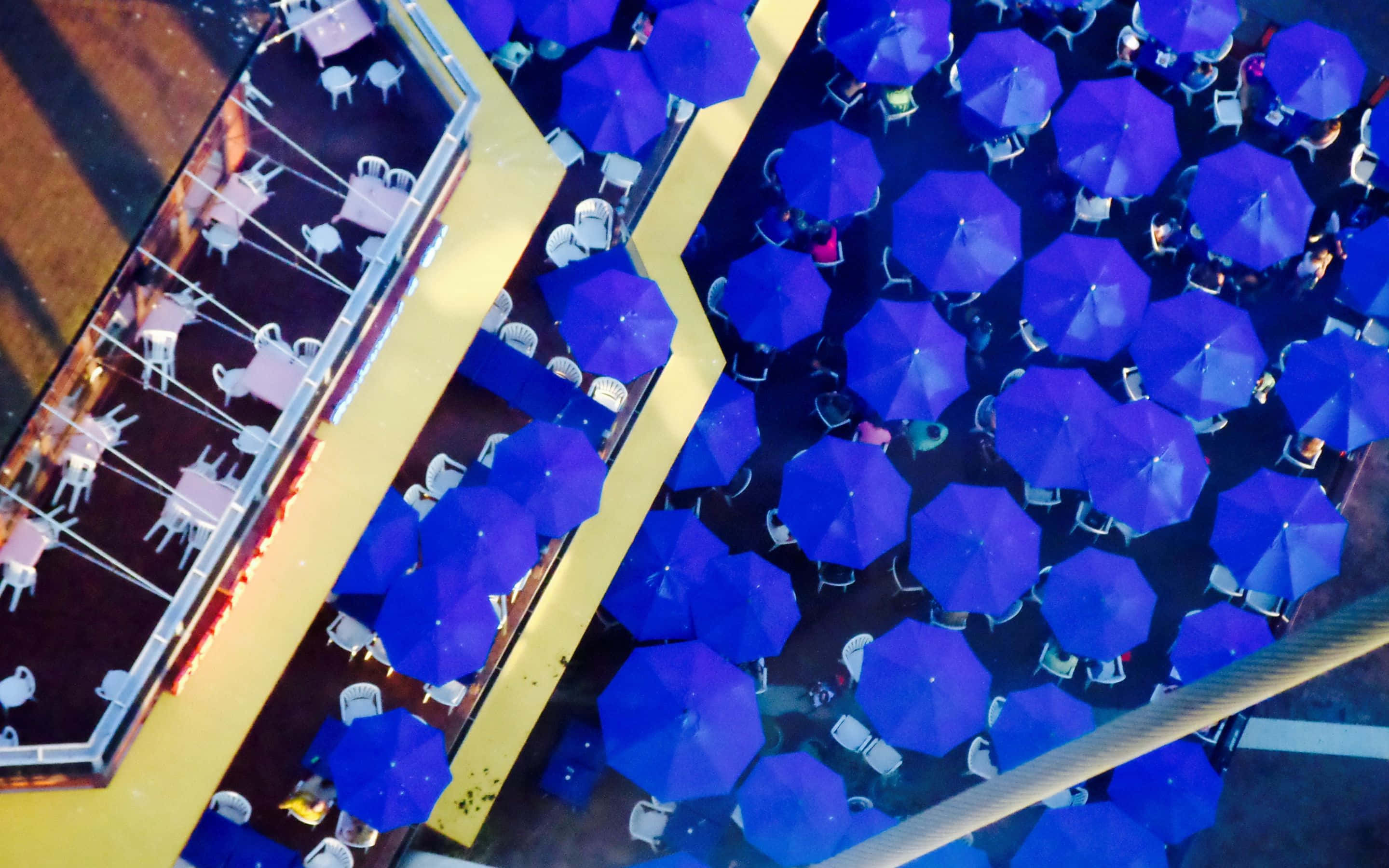 aTropical Island, vibrant blue umbrellas, white chairs, 2K Desktop Wallpaper