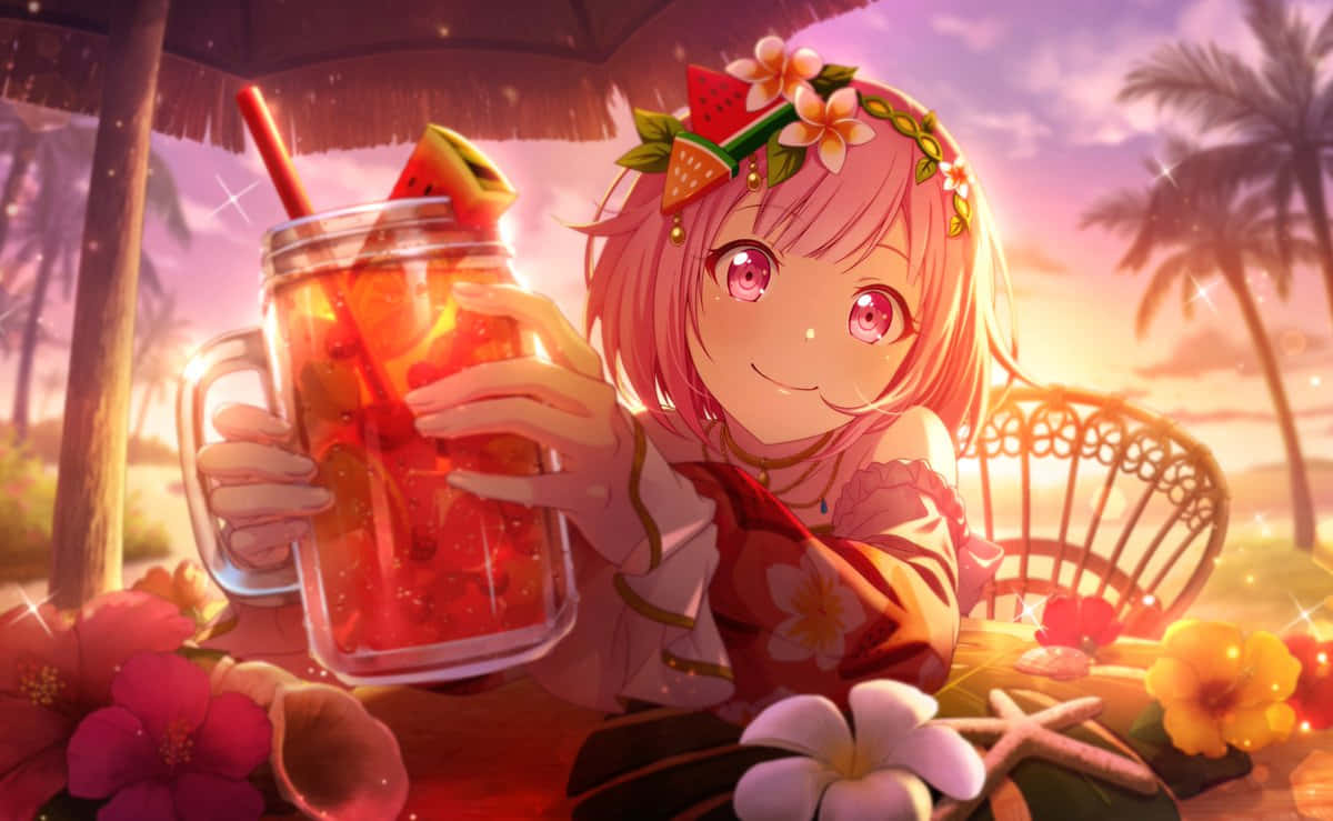tropical anime girl, pink hair, watermelon-themed headwear, SD Desktop Wallpaper