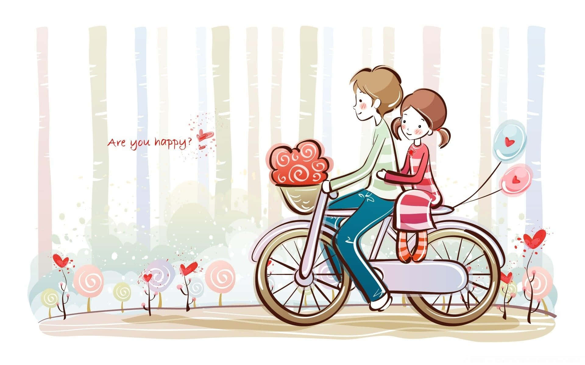 cartoon couple, bicycle, whimsical forest, Full HD Desktop Wallpaper