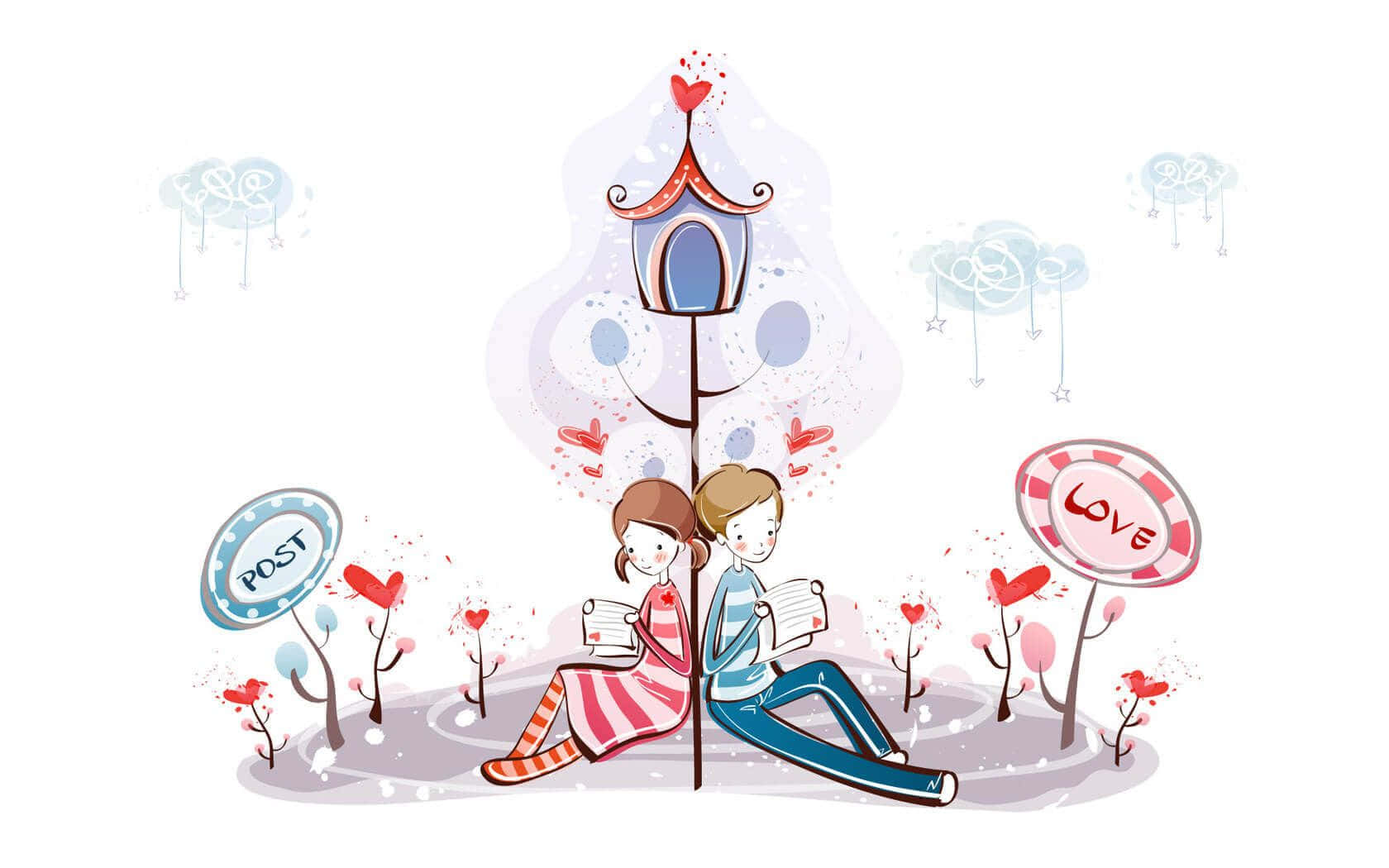 cute valentine, whimsical heart-topped lamp post, playful illustrated garden, HD Desktop Wallpaper