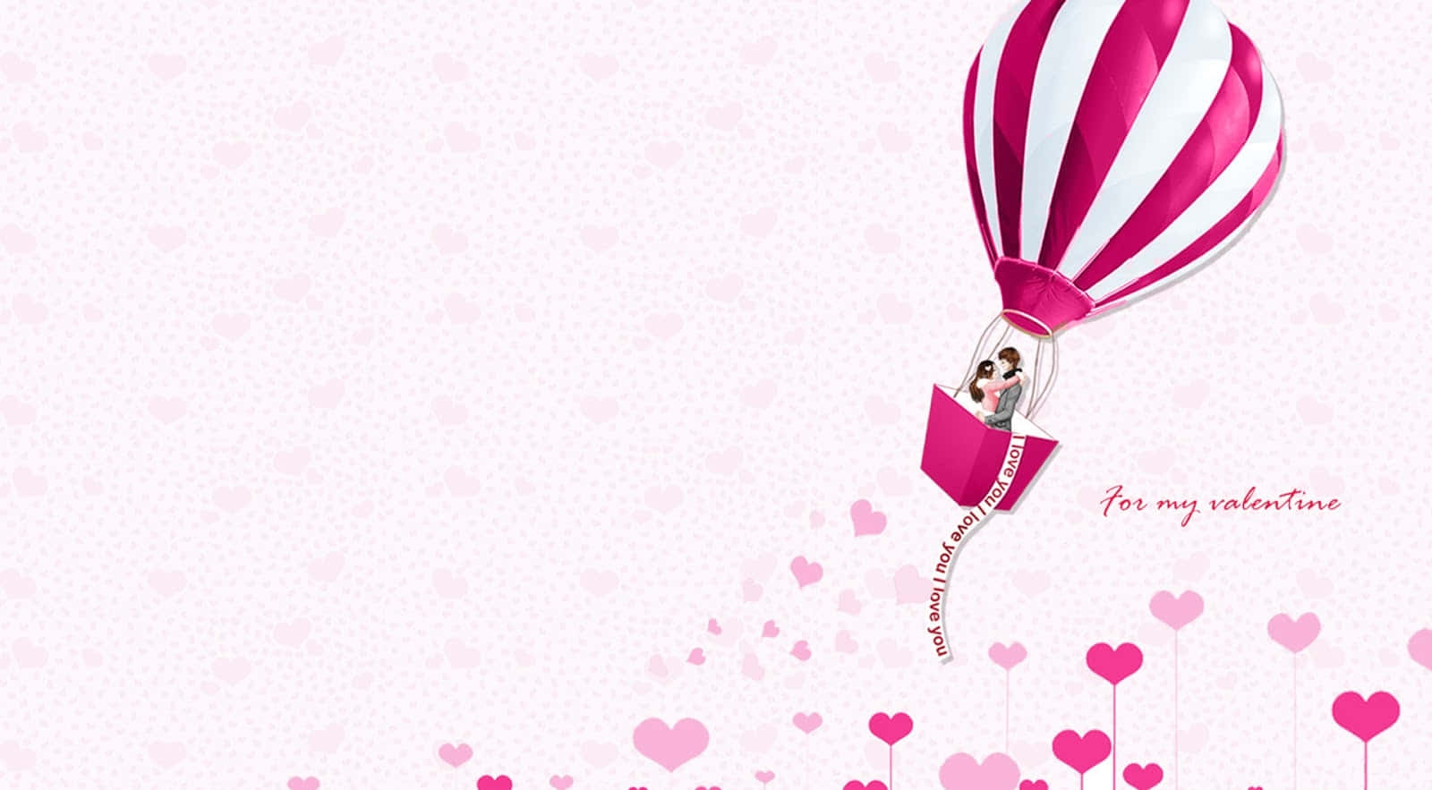pink and white striped hot air balloon, couple, field of floating hearts, HD Desktop Wallpaper