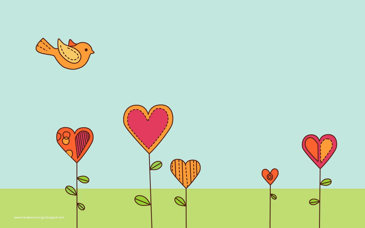 orange bird, colorful stitched heart flowers, minimalist green field, HD Desktop Wallpaper