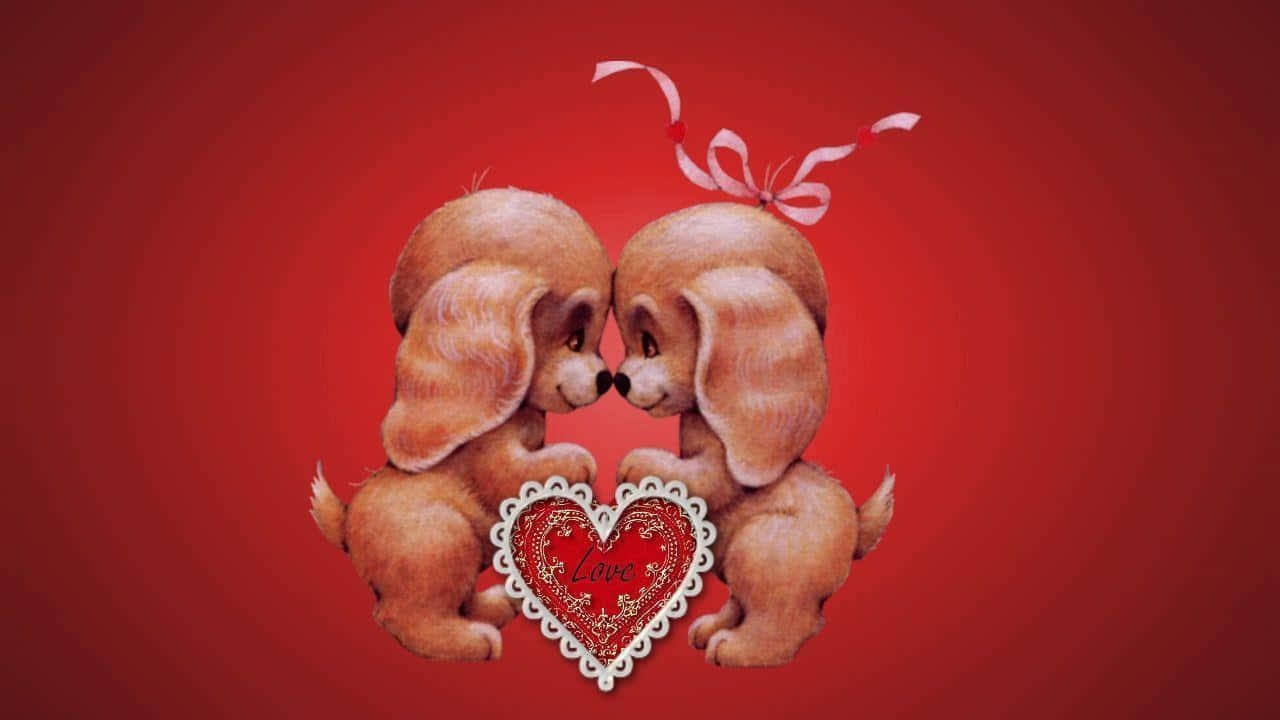 cute valentine, red background, brown puppies, HD Desktop Wallpaper