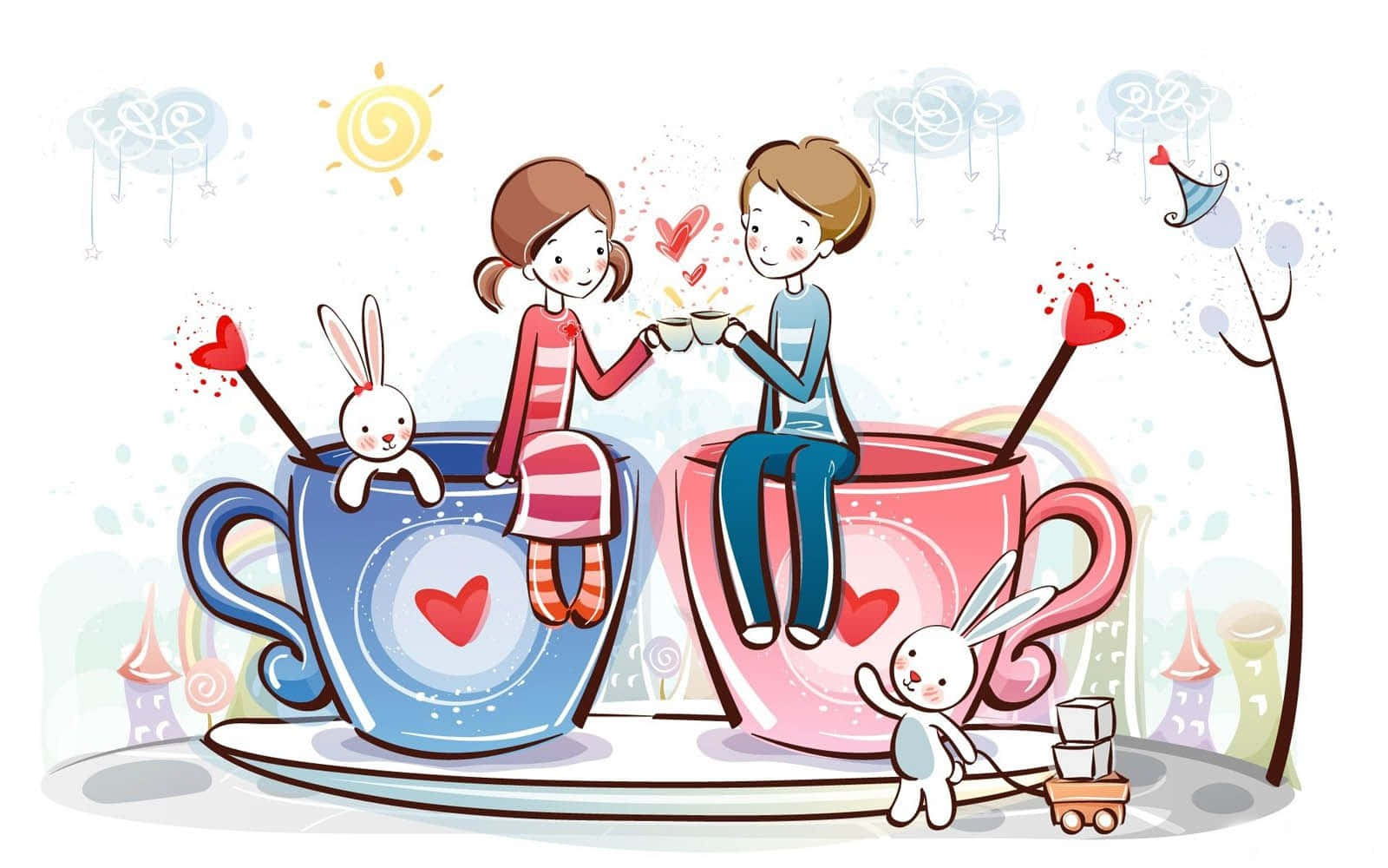Cute Valentine, cartoon couple, giant heart-decorated teacups, HD Desktop Wallpaper