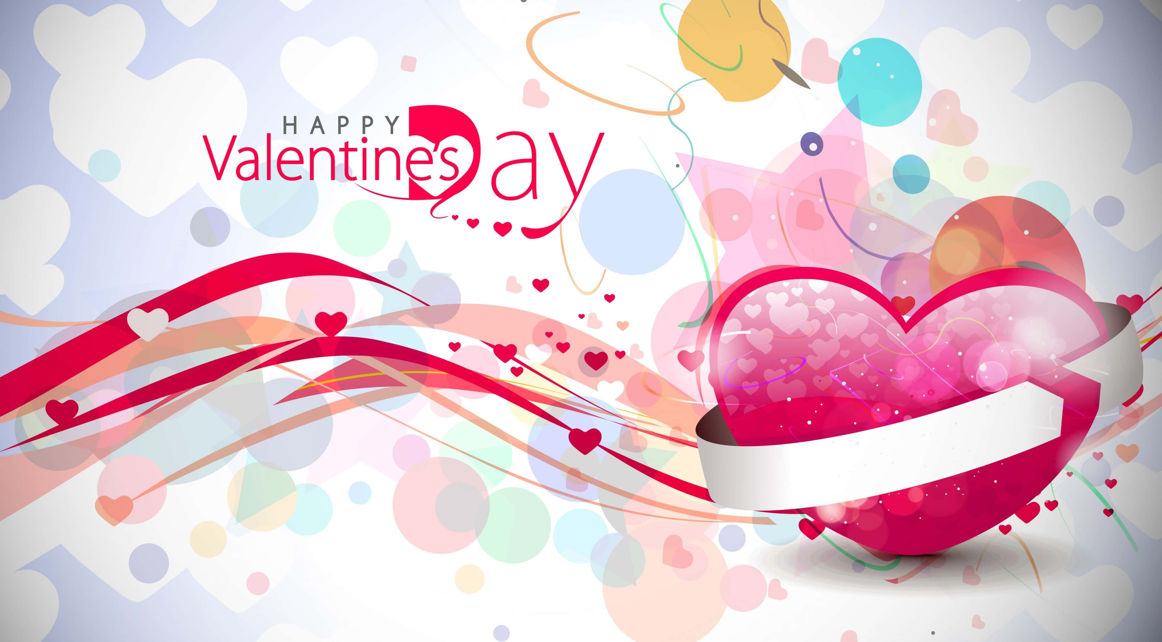 glossy pink heart, white ribbon, swirling ribbons, 4K Desktop Wallpaper