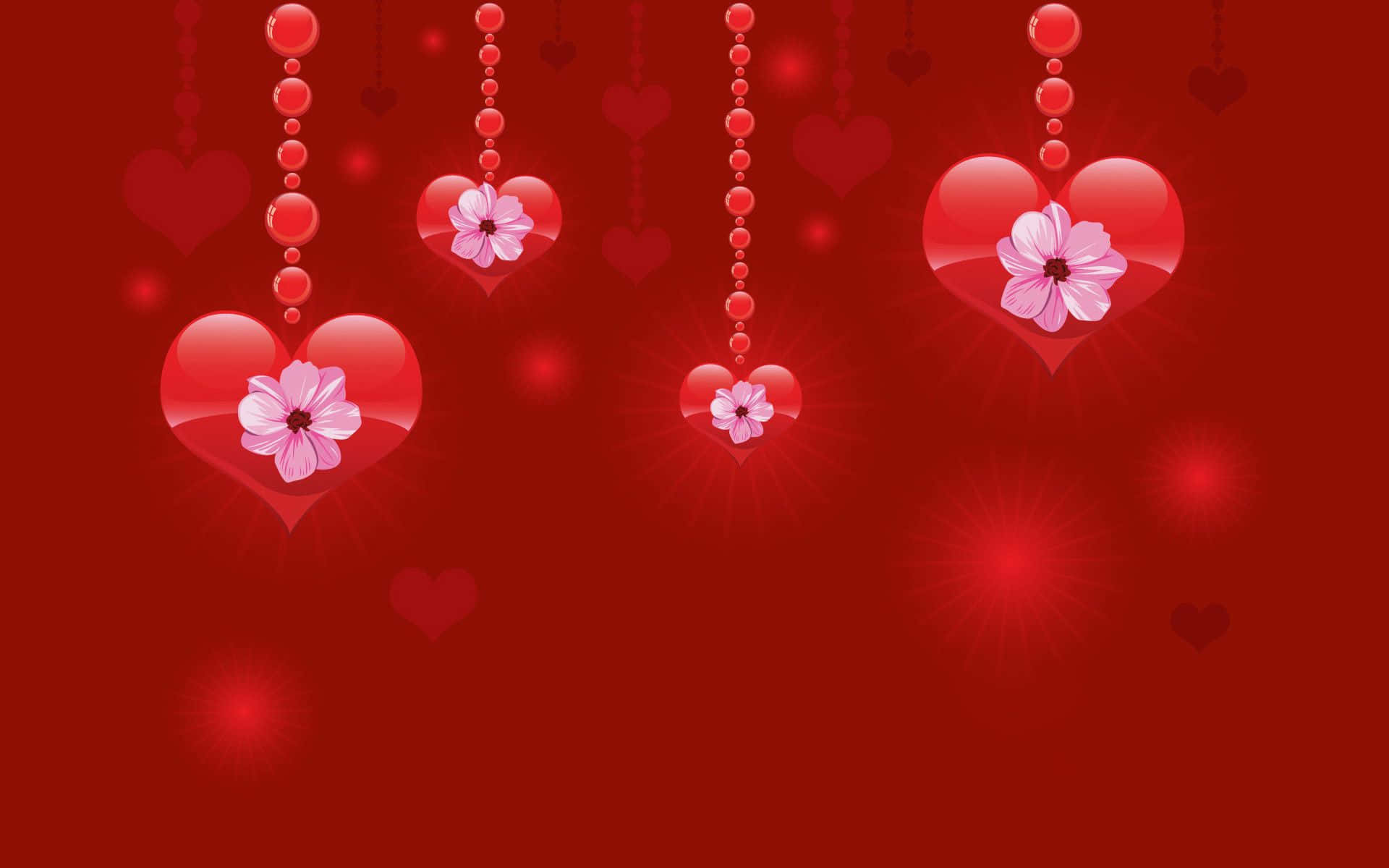 glossy red hearts, pink flowers, beaded chains, Full HD Desktop Wallpaper