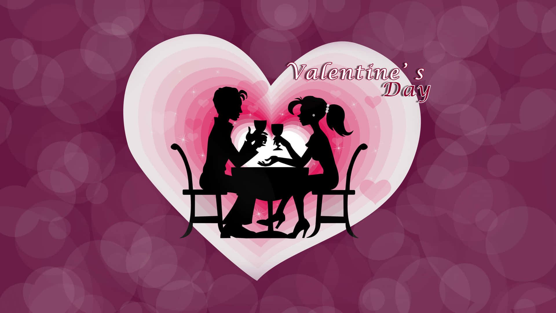 Cute Happy Valentine Day, silhouette cartoon, glowing heart, Full HD Desktop Wallpaper