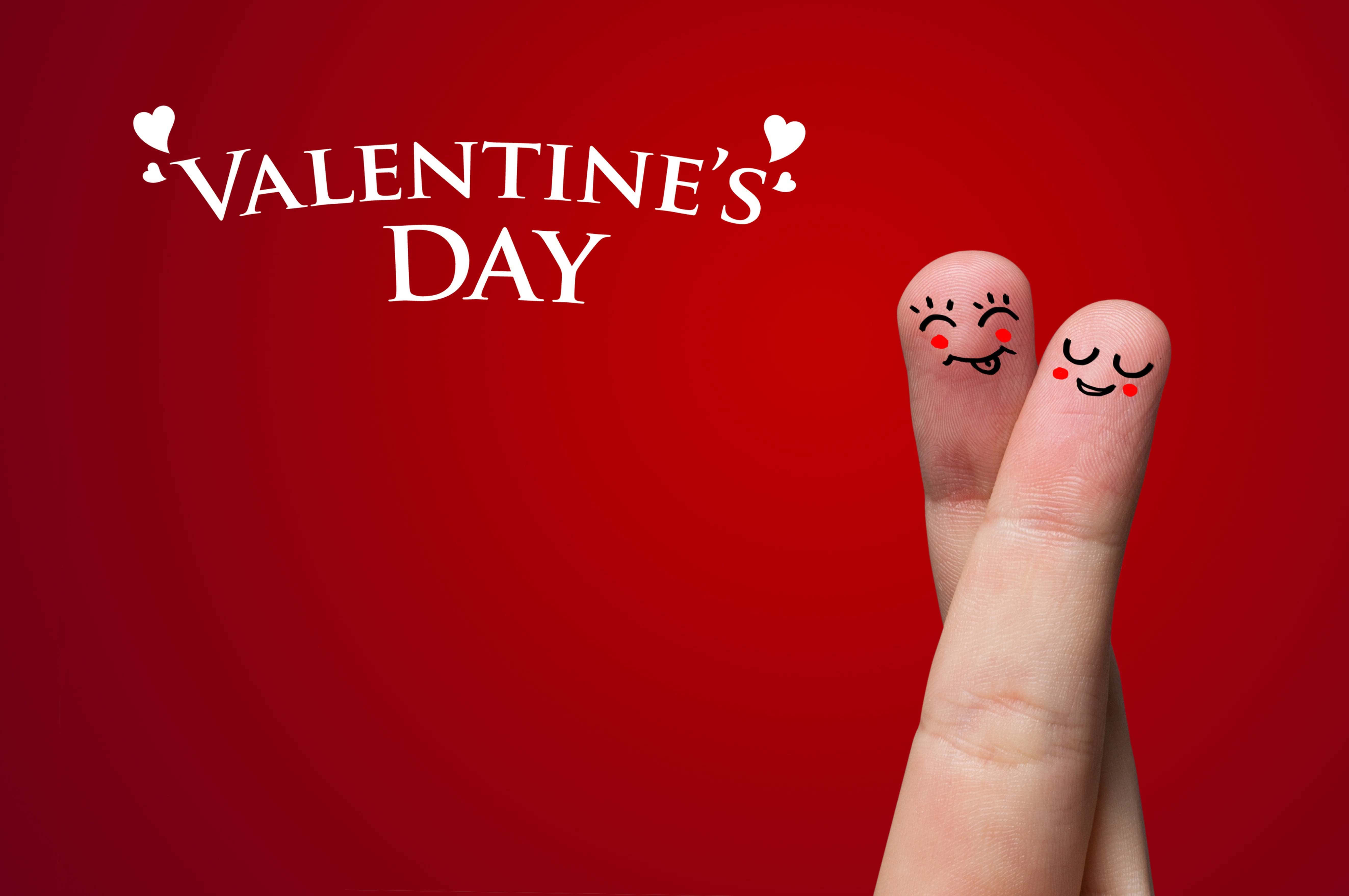 Cute Happy Valentine Day Fingers, vibrant red background, Valentine's Day text, 5K Desktop Wallpaper
