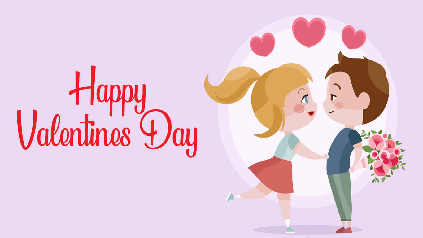 Happy Valentines Day, cheerful cartoon couple, floating hearts, HD Desktop Wallpaper
