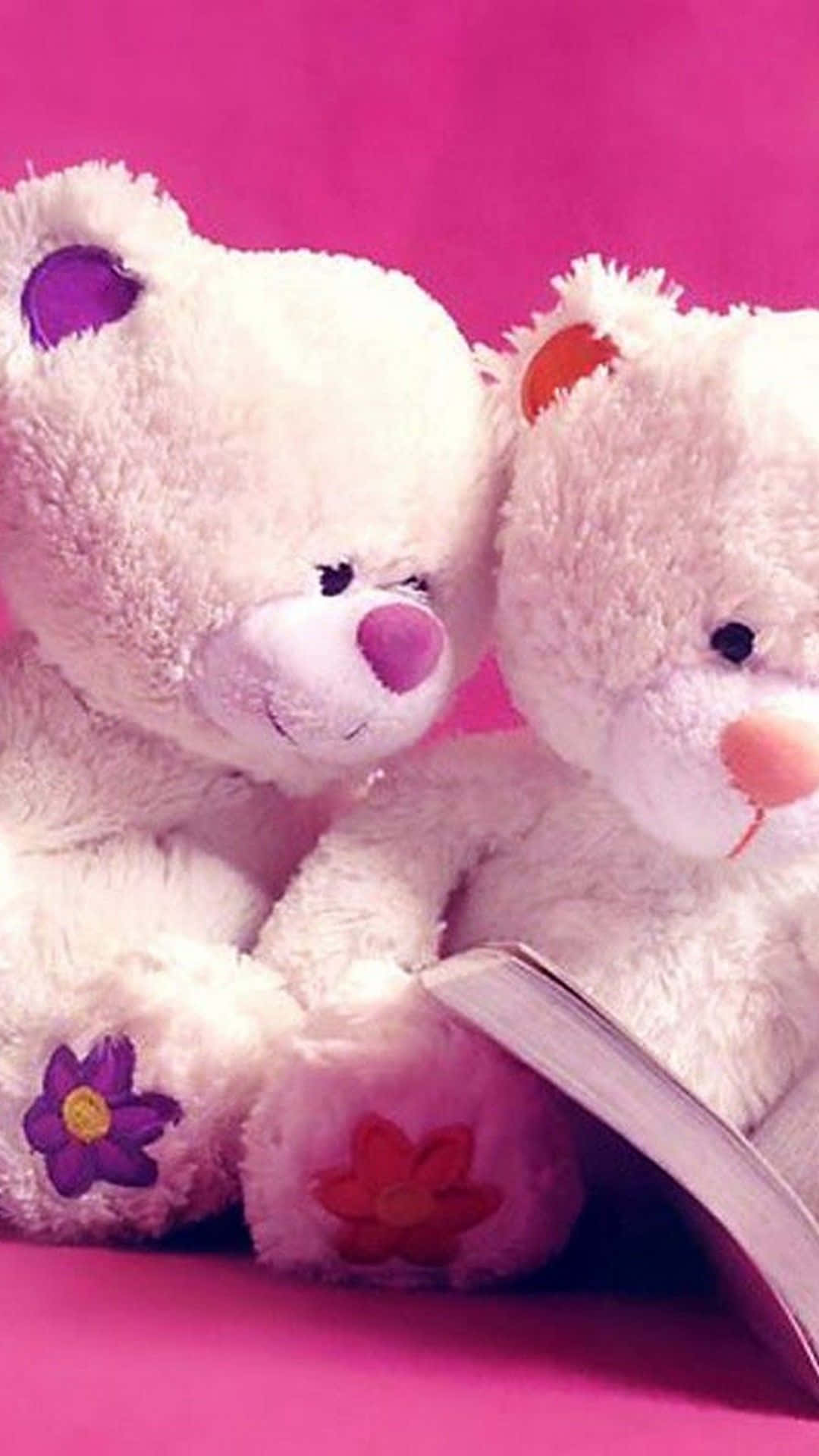 pink teddy bear, cute couple, colorful flower patches, Full HD Phone Wallpaper