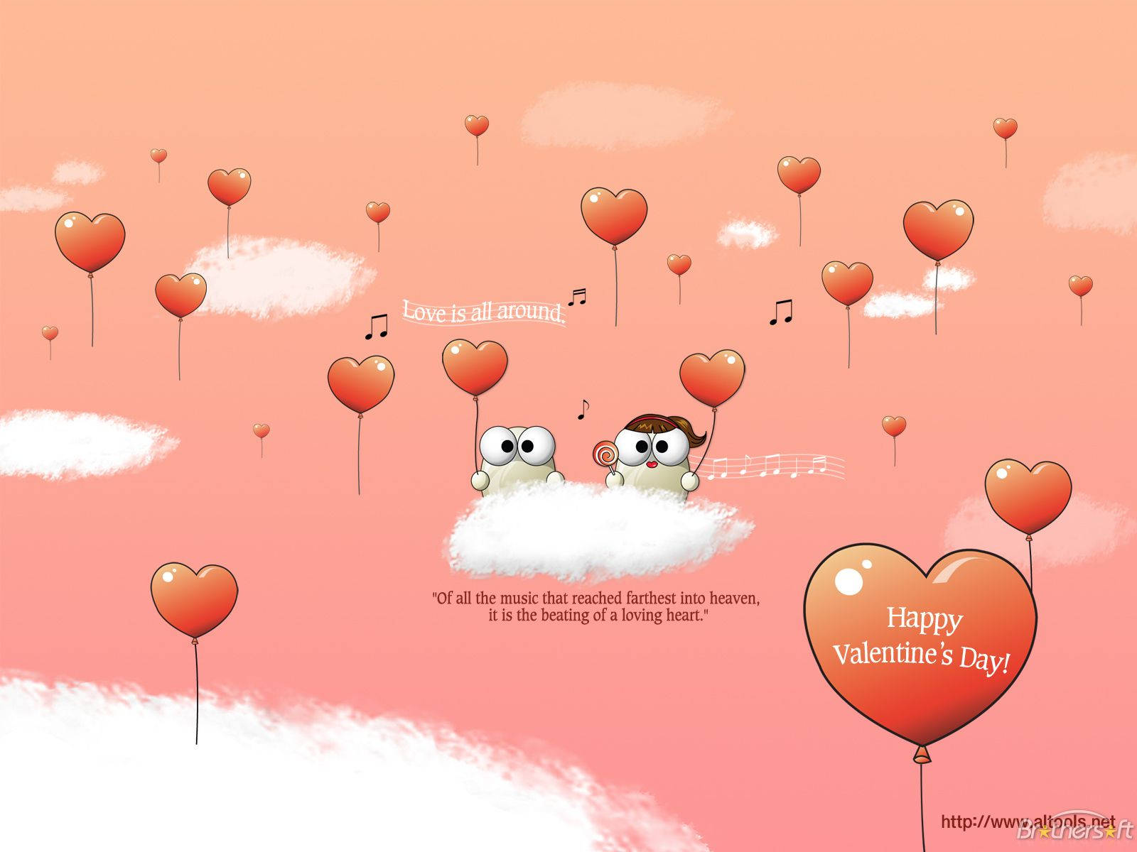 cute valentine s day heart balloons, cartoon characters, cloud, HD Desktop Wallpaper