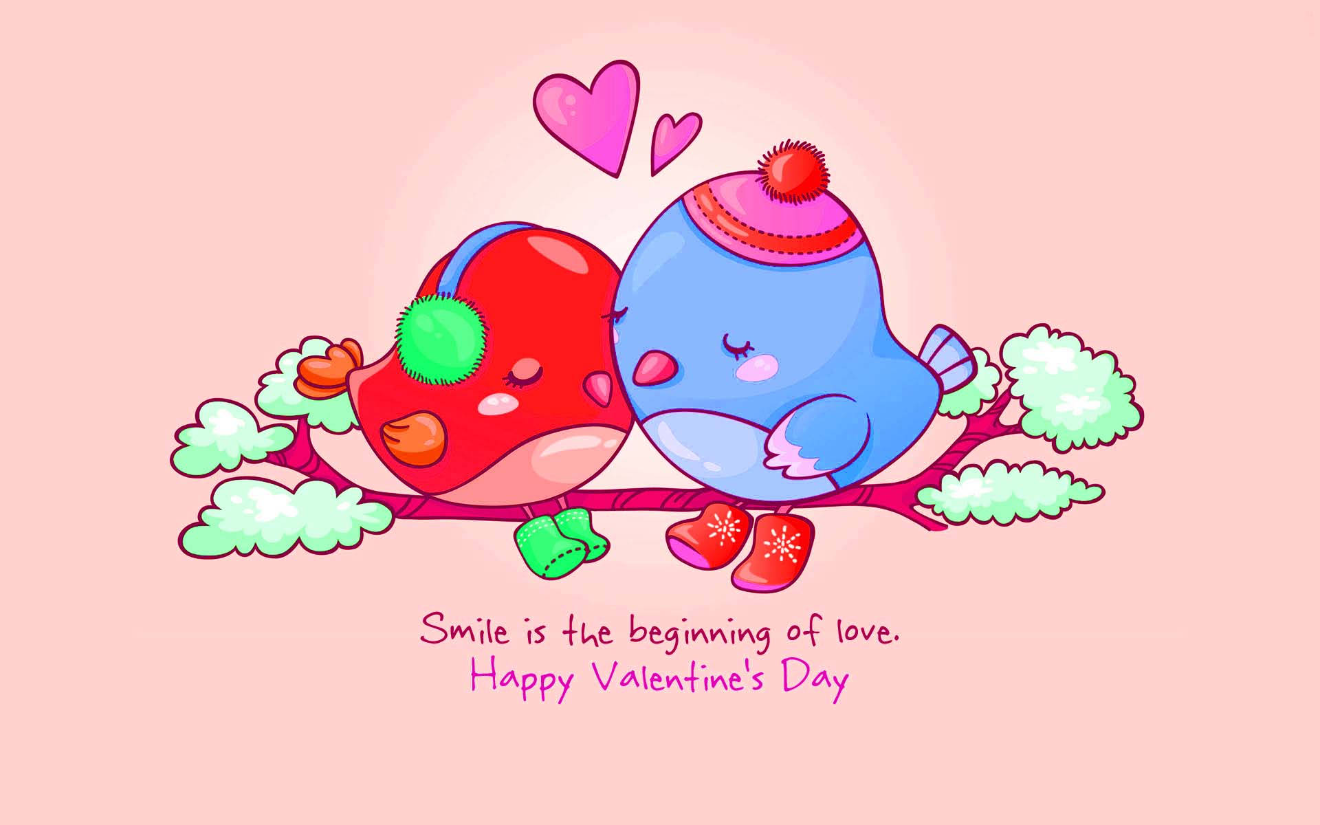 cute valentine s day love birds, cartoon birds, winter hats, Full HD Desktop Wallpaper
