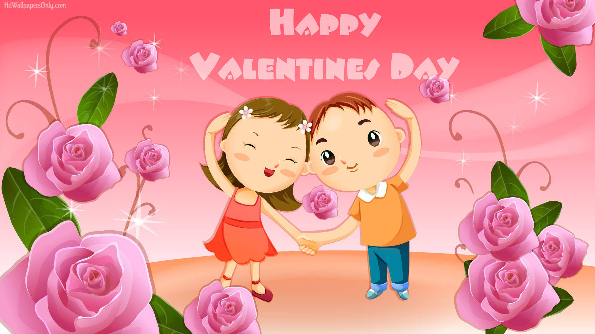 Cute Valentine's Day Rose Couple, pink roses, sparkles, Full HD Desktop Wallpaper