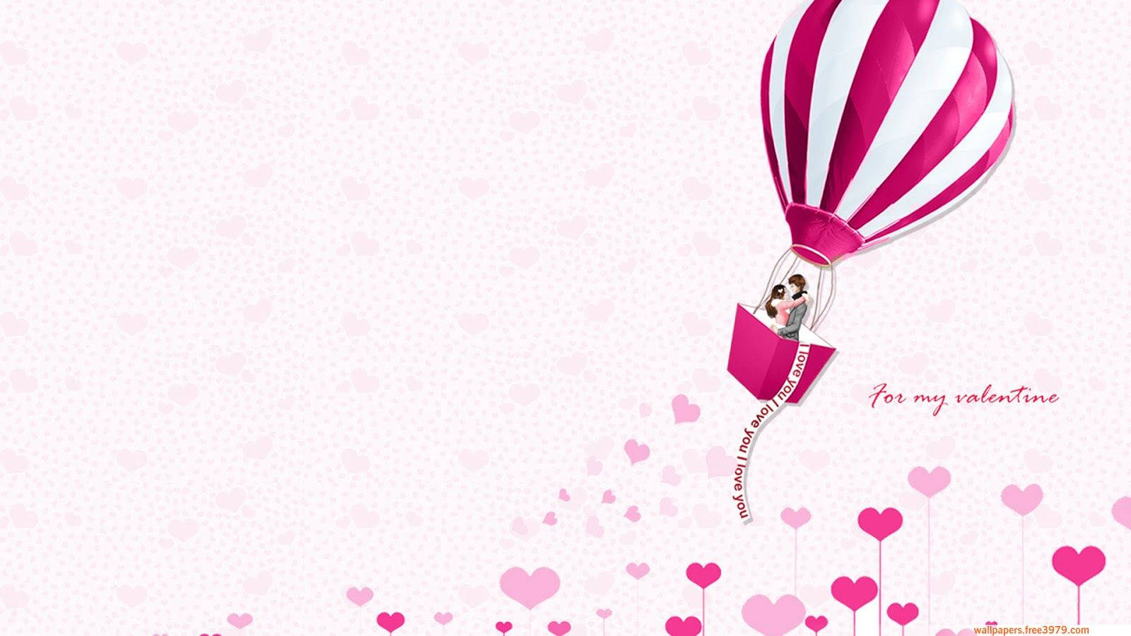 Cute Valentine's Day Hot Air Balloon, pink and white striped, couple, HD Desktop Wallpaper