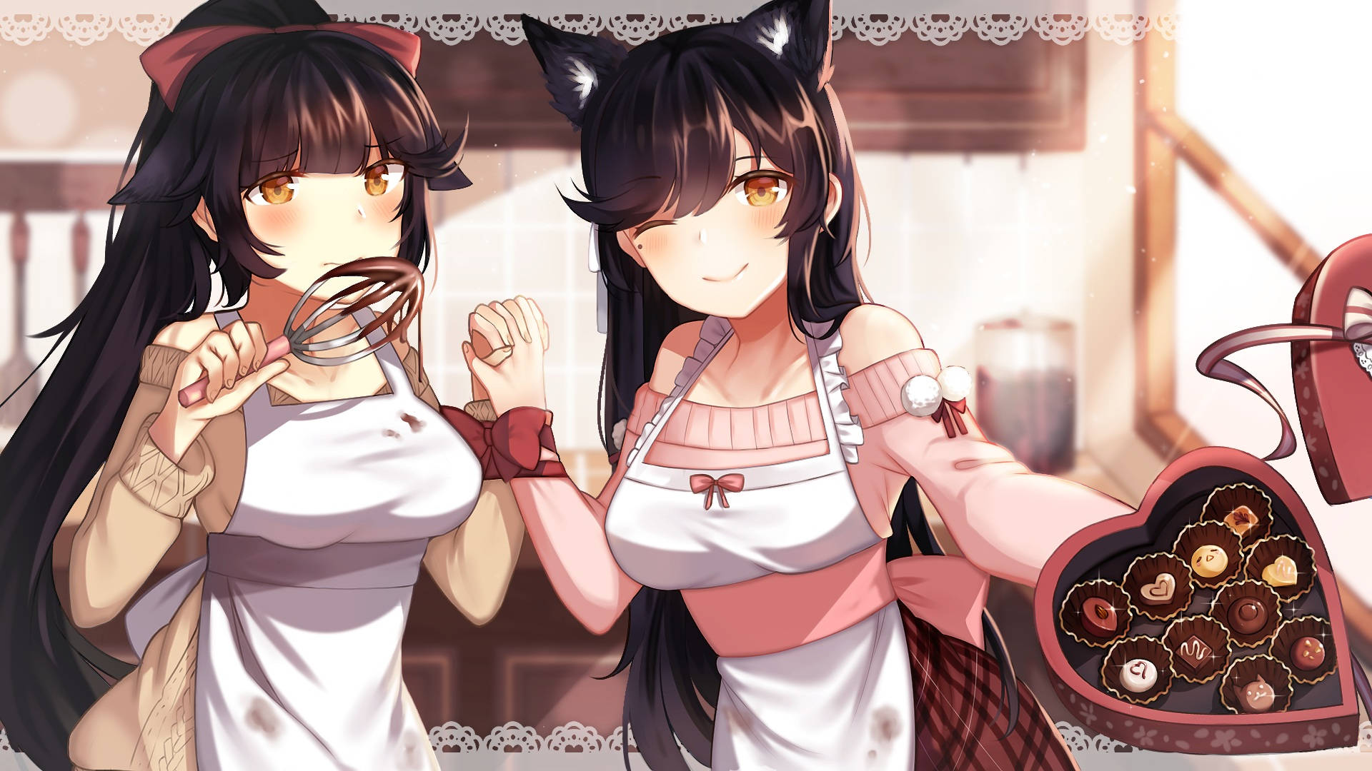 Cute Valentine's Day Anime Girls, cat ears, chocolate treats, Full HD Desktop Wallpaper