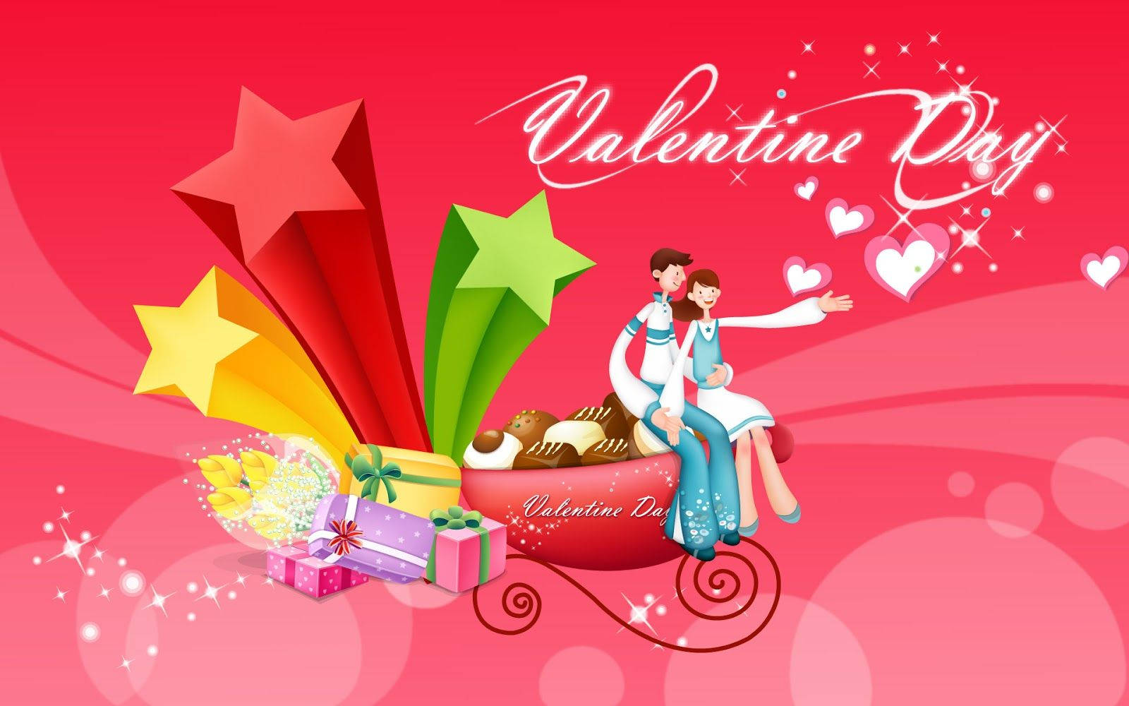 cartoon couple, red sleigh, gifts and sweets, HD Desktop Wallpaper