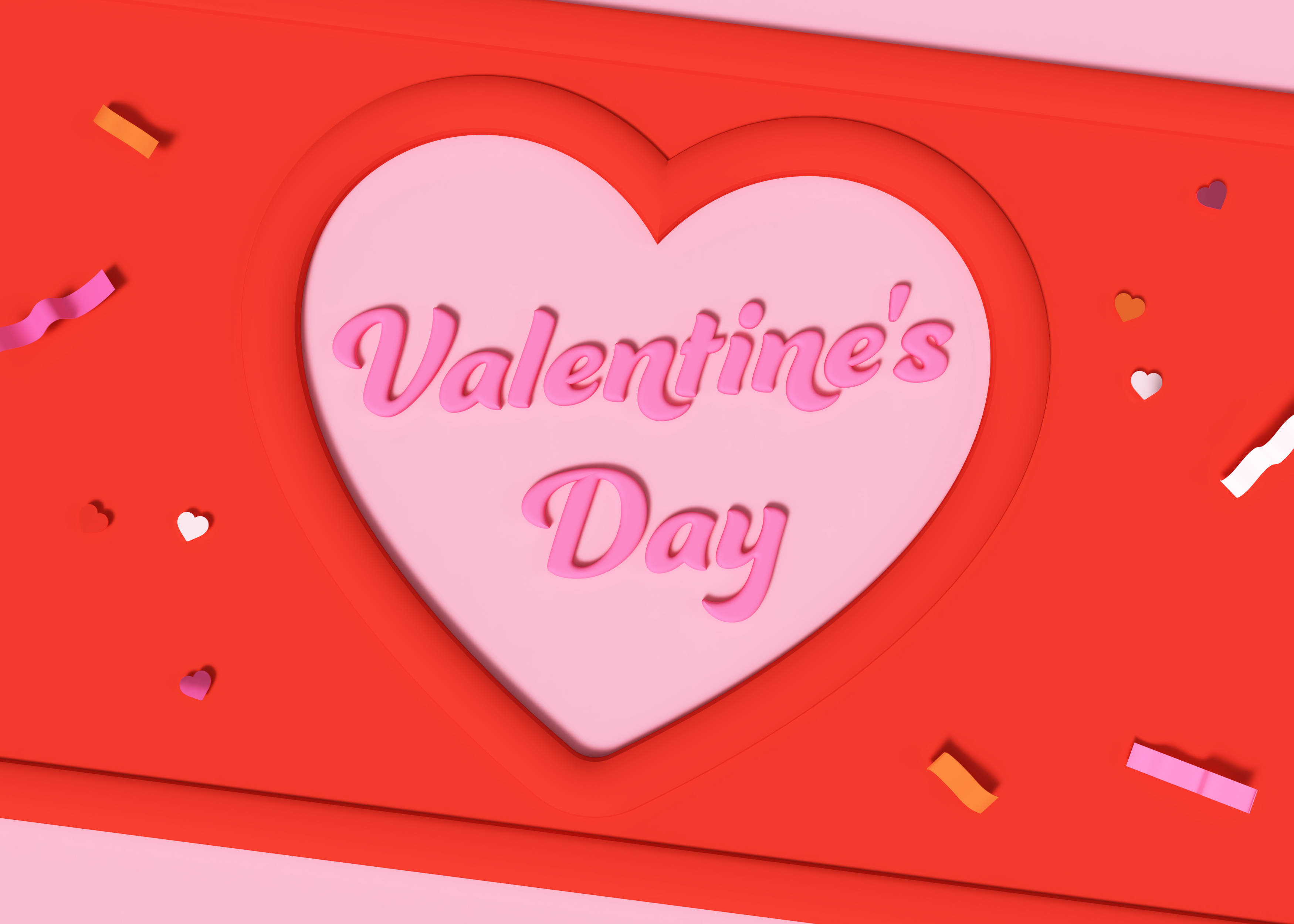 Valentine's Day heart, pink text, confetti, 2K Desktop Wallpaper